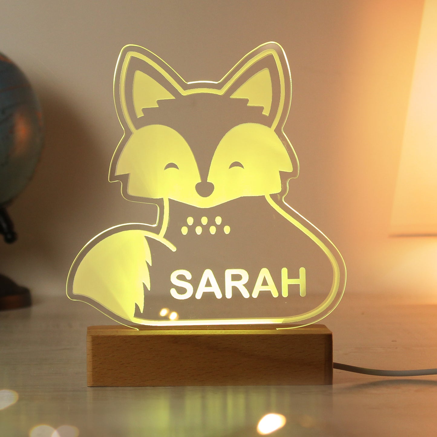 Personalised Fox Wooden Based LED Light - MK&JD Gifts