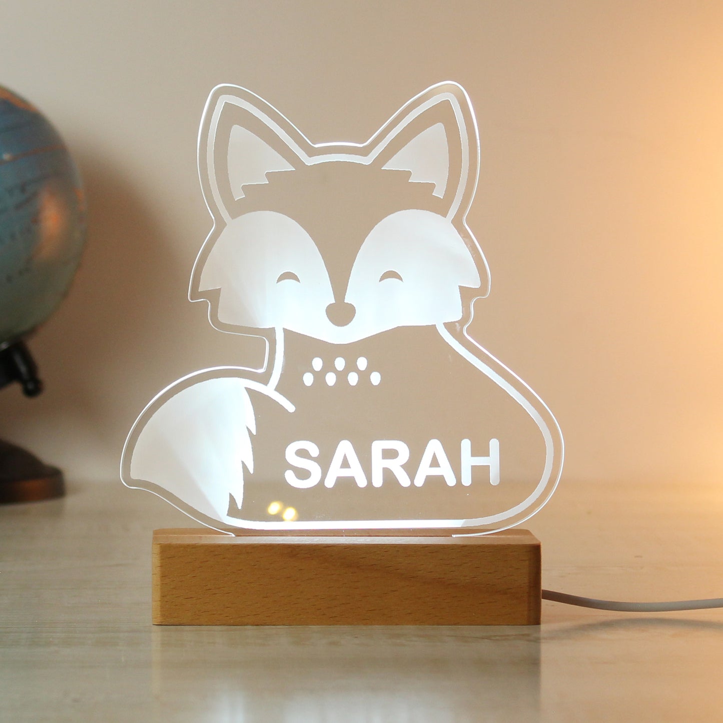 Personalised Fox Wooden Based LED Light - MK&JD Gifts