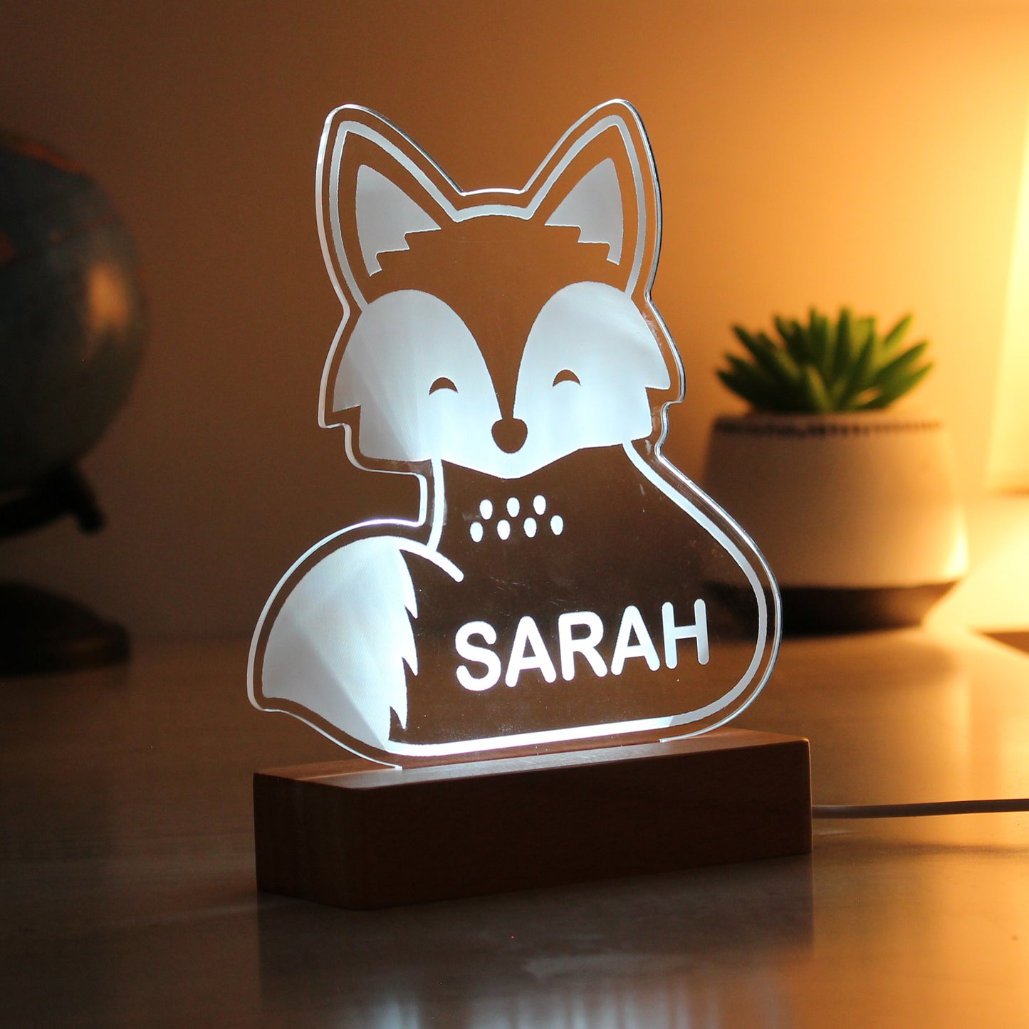 Personalised Fox Wooden Based LED Light - MK&JD Gifts