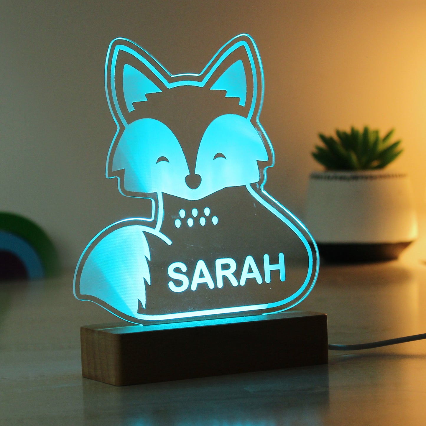 Personalised Fox Wooden Based LED Light - MK&JD Gifts