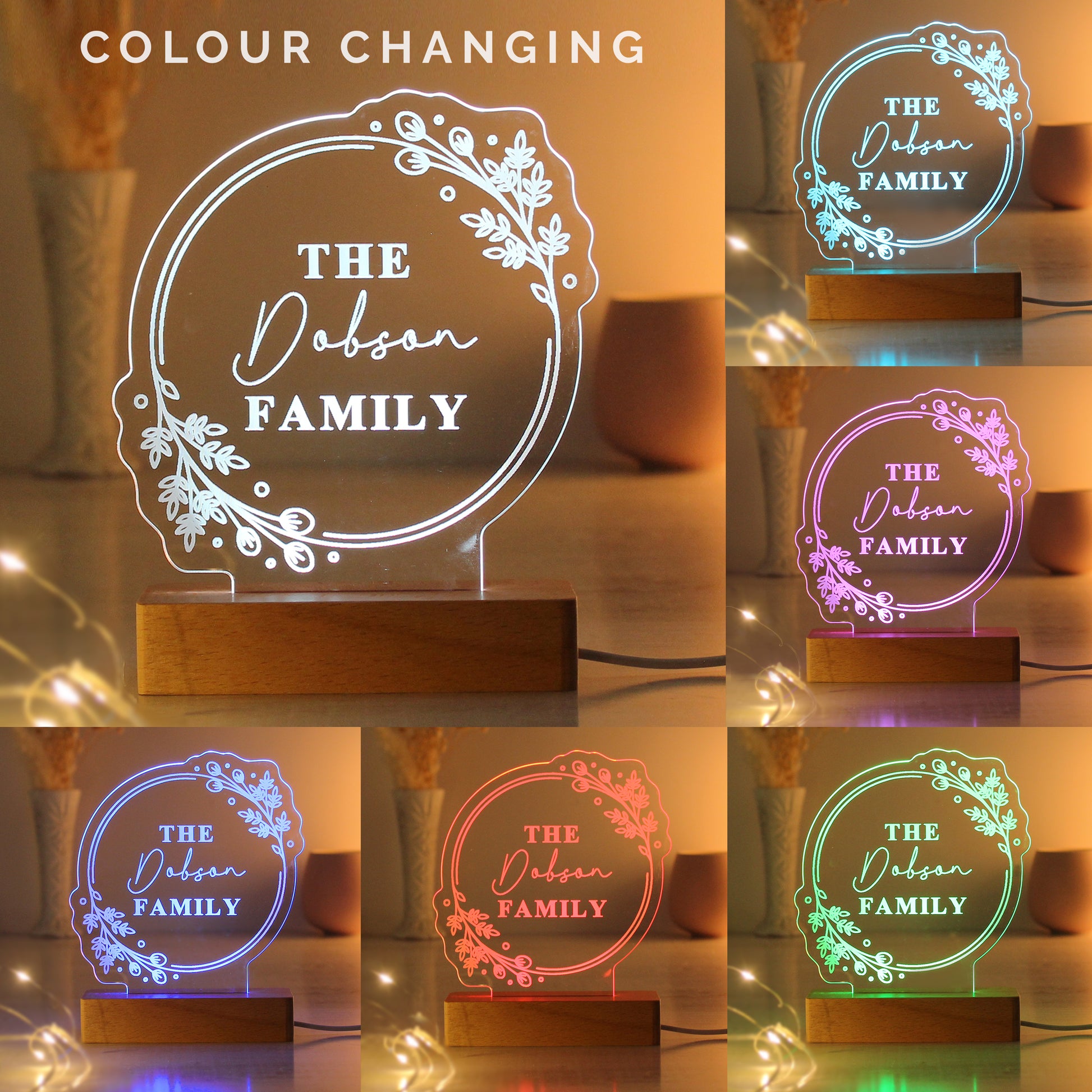 Personalised Floral Wooden Based LED Light - MK&JD Gifts