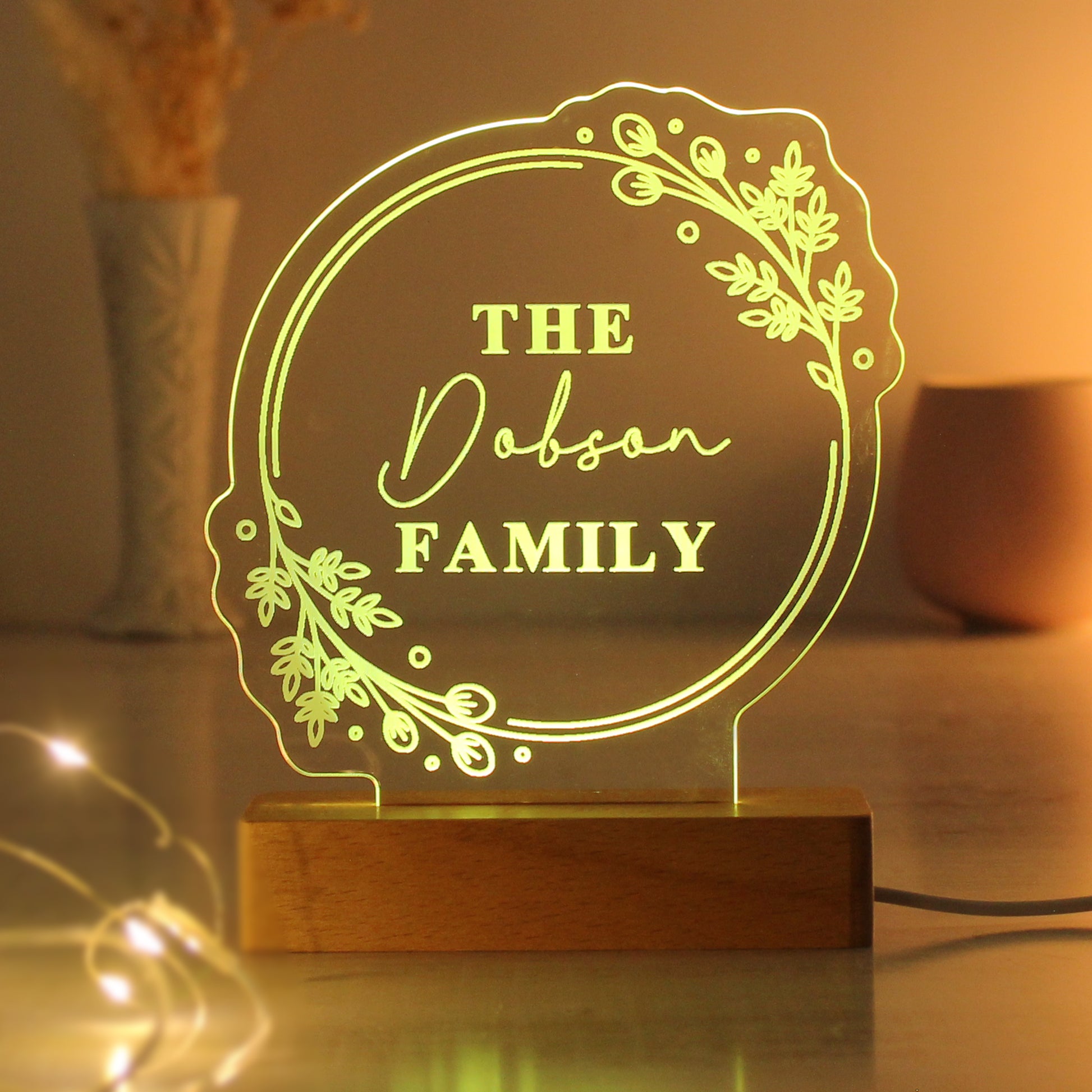 Personalised Floral Wooden Based LED Light - MK&JD Gifts