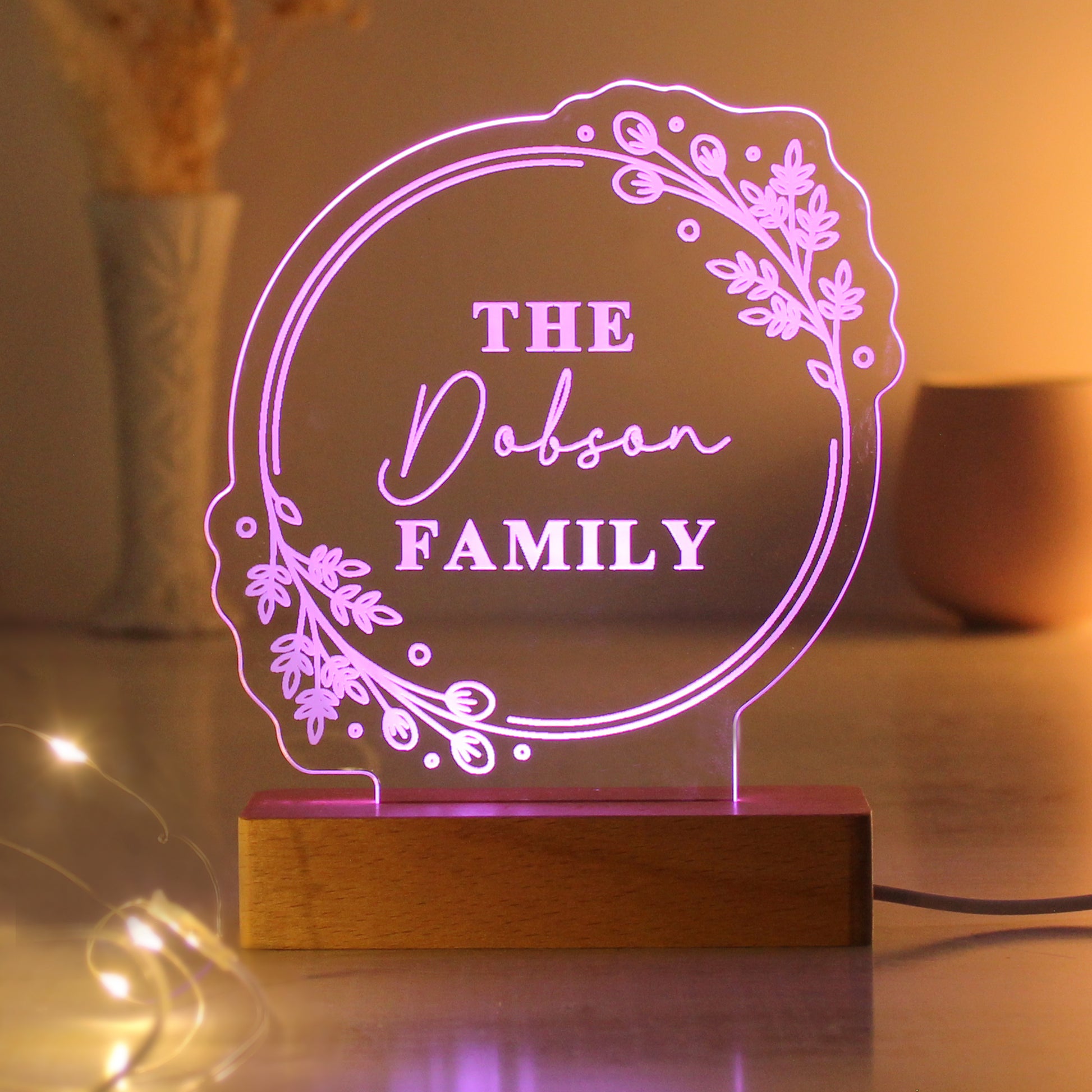 Personalised Floral Wooden Based LED Light - MK&JD Gifts