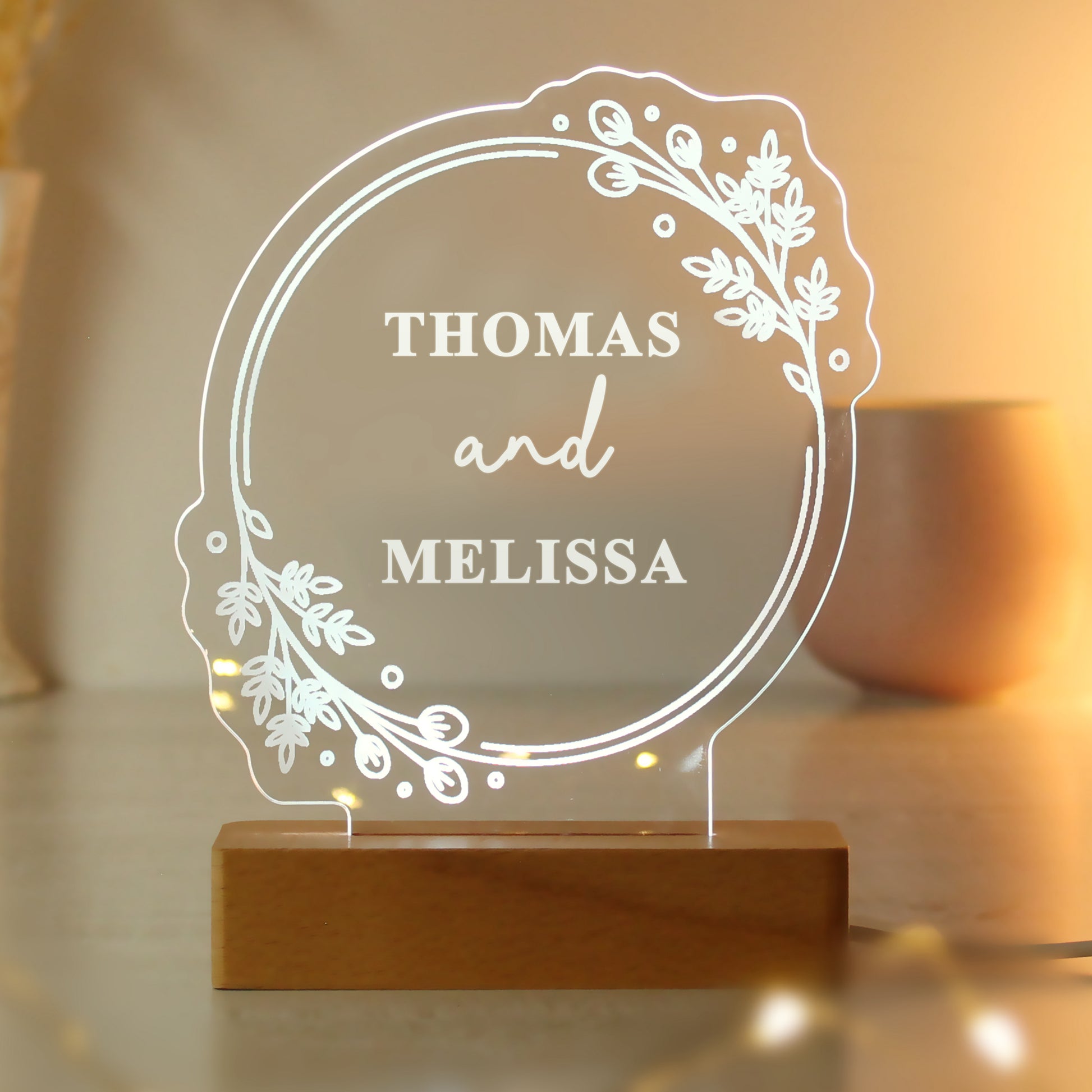 Personalised Floral Wooden Based LED Light - MK&JD Gifts