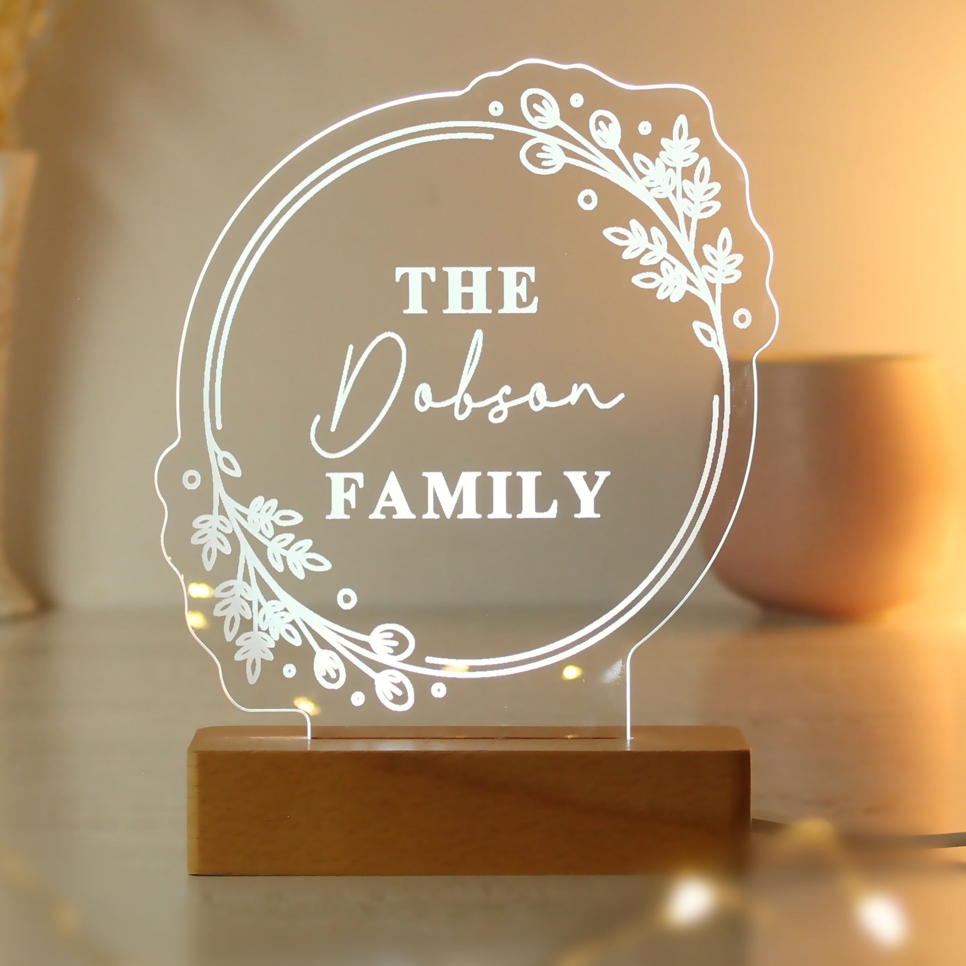 Personalised Floral Wooden Based LED Light - MK&JD Gifts