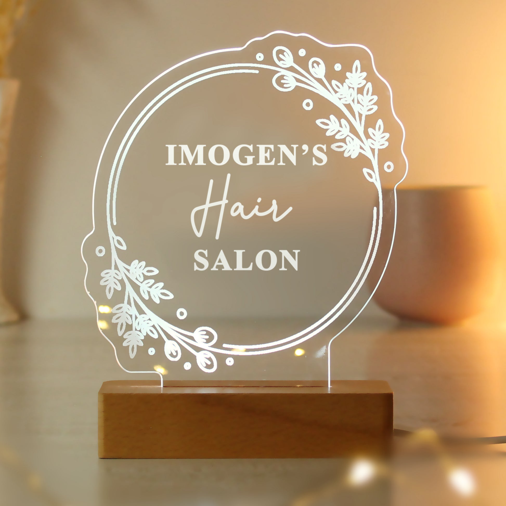 Personalised Floral Wooden Based LED Light - MK&JD Gifts
