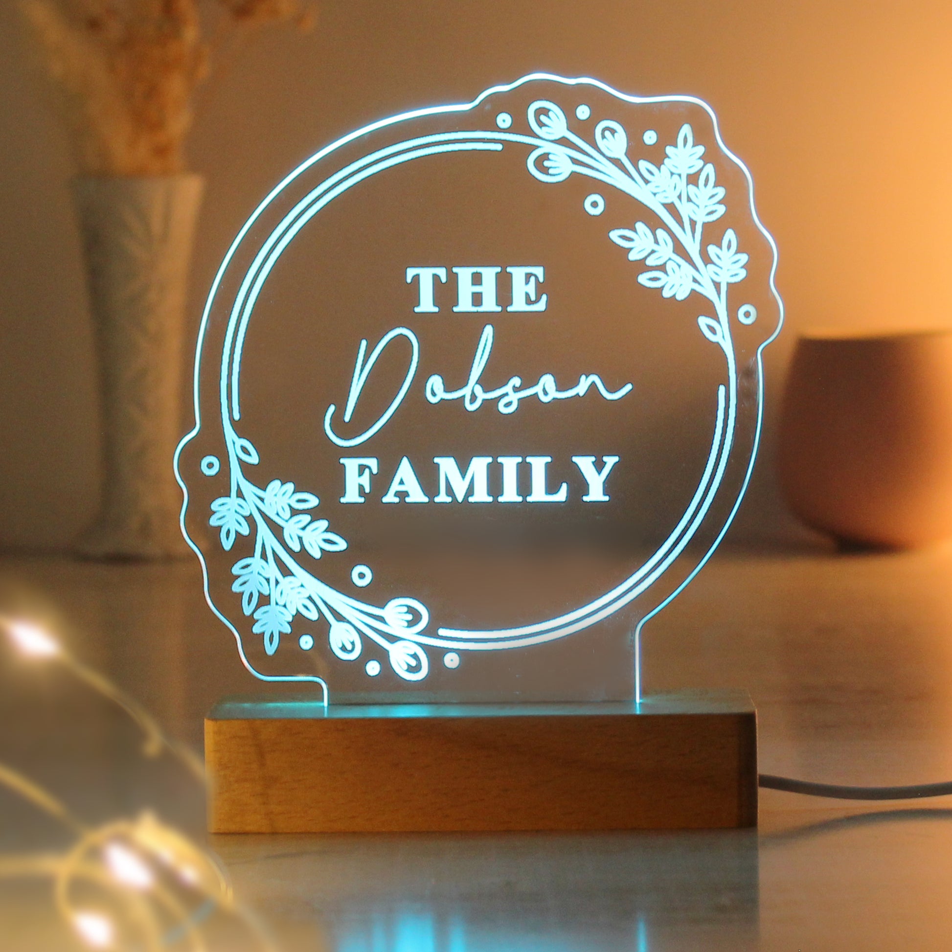 Personalised Floral Wooden Based LED Light - MK&JD Gifts