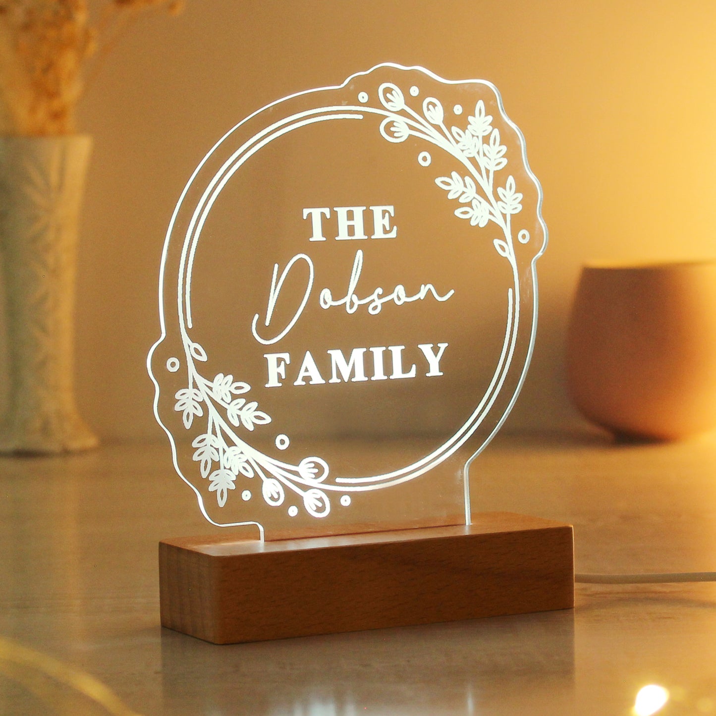 Personalised Floral Wooden Based LED Light - MK&JD Gifts