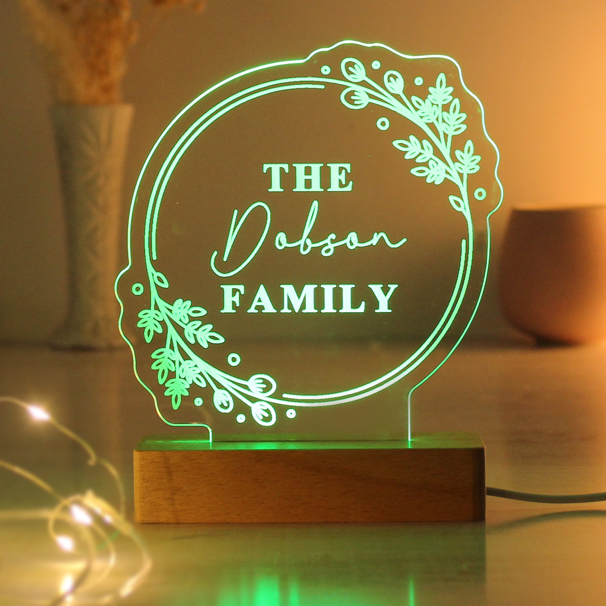 Personalised Floral Wooden Based LED Light - MK&JD Gifts