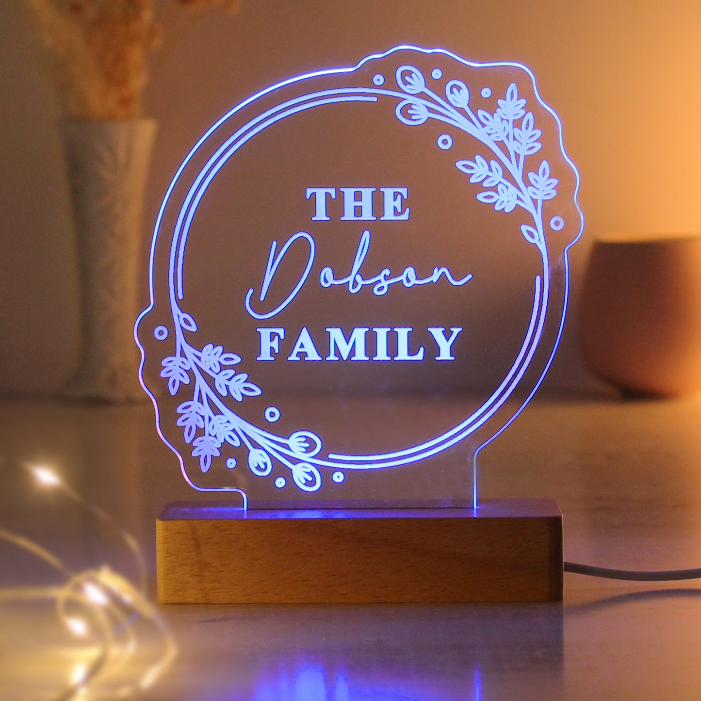 Personalised Floral Wooden Based LED Light - MK&JD Gifts