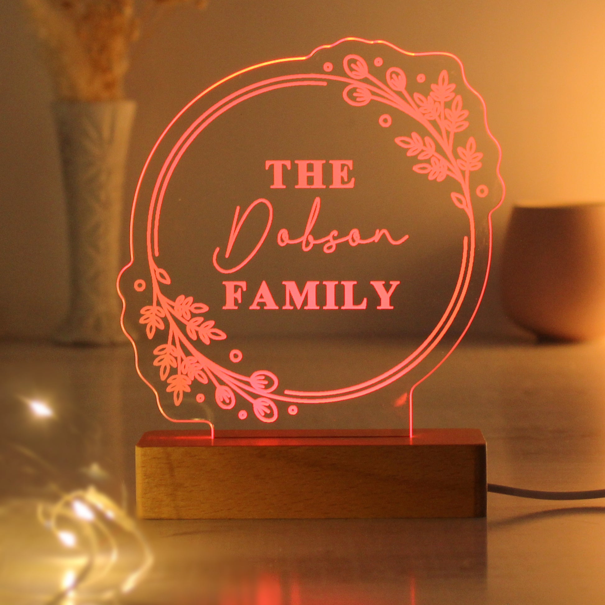 Personalised Floral Wooden Based LED Light - MK&JD Gifts