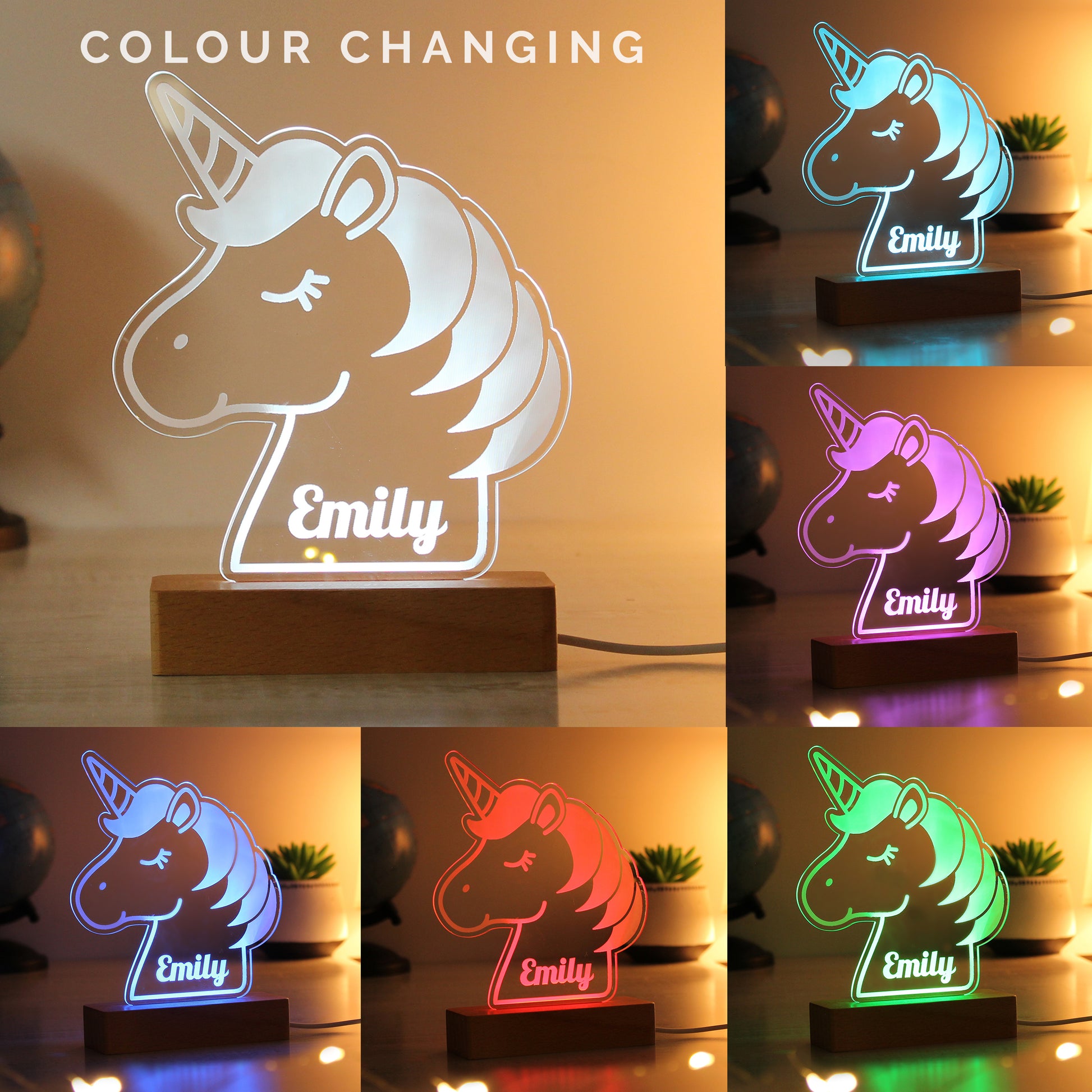 Personalised Unicorn Wooden Based LED Light - MK&JD Gifts