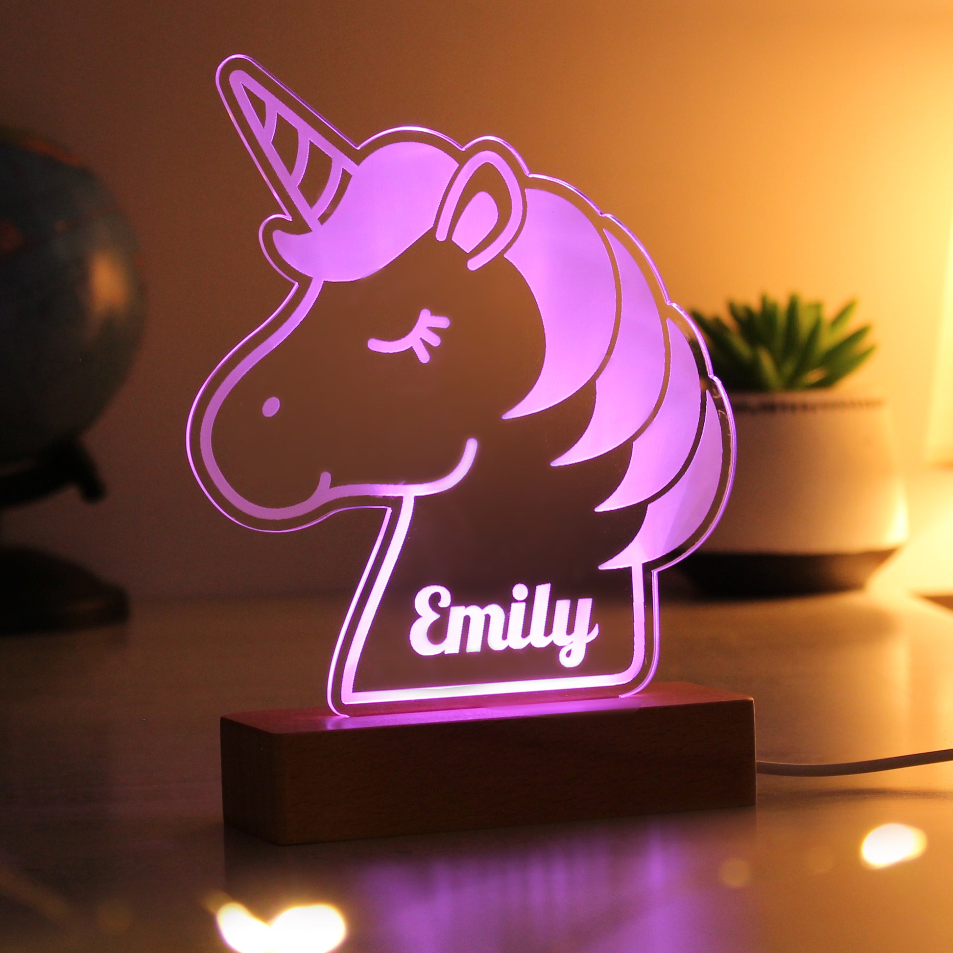 Personalised Unicorn Wooden Based LED Light - MK&JD Gifts