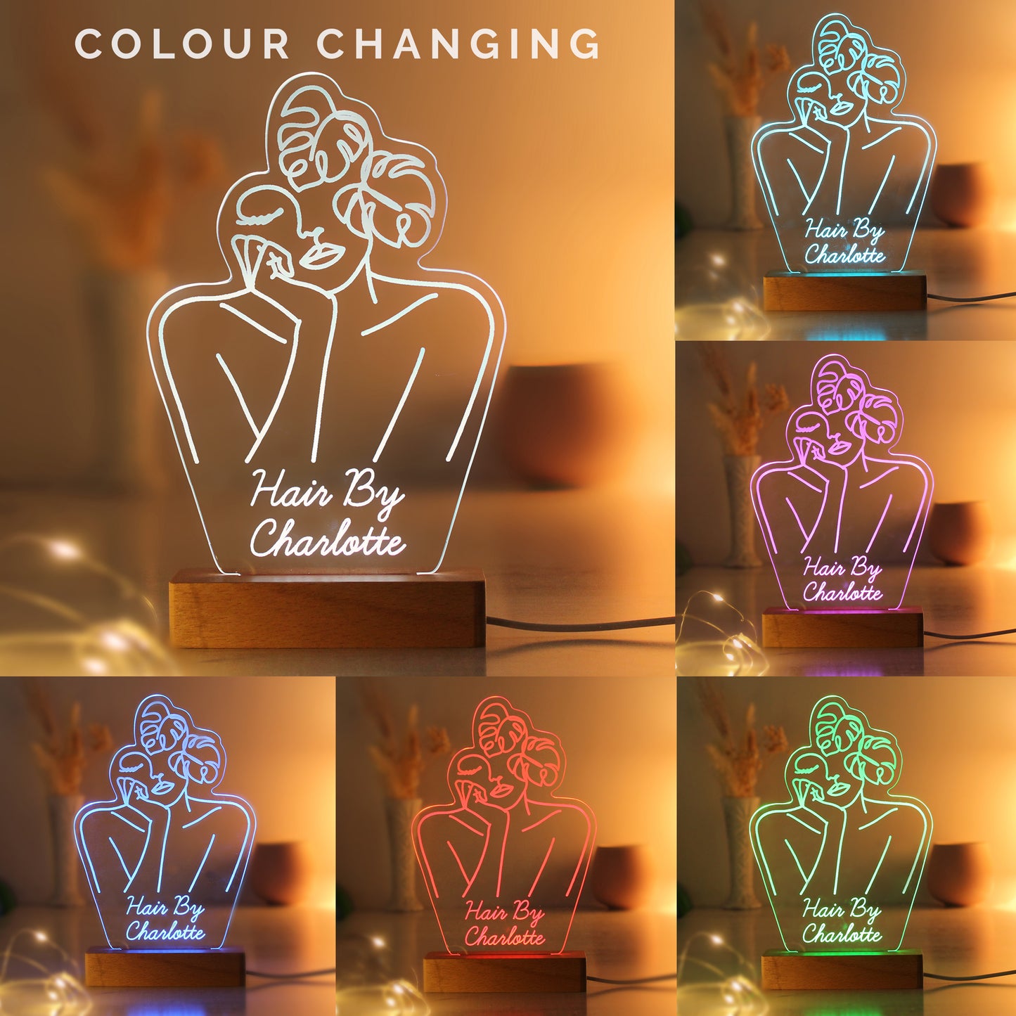 Personalised Fleur Line Art Wooden Based LED Light - MK&JD Gifts