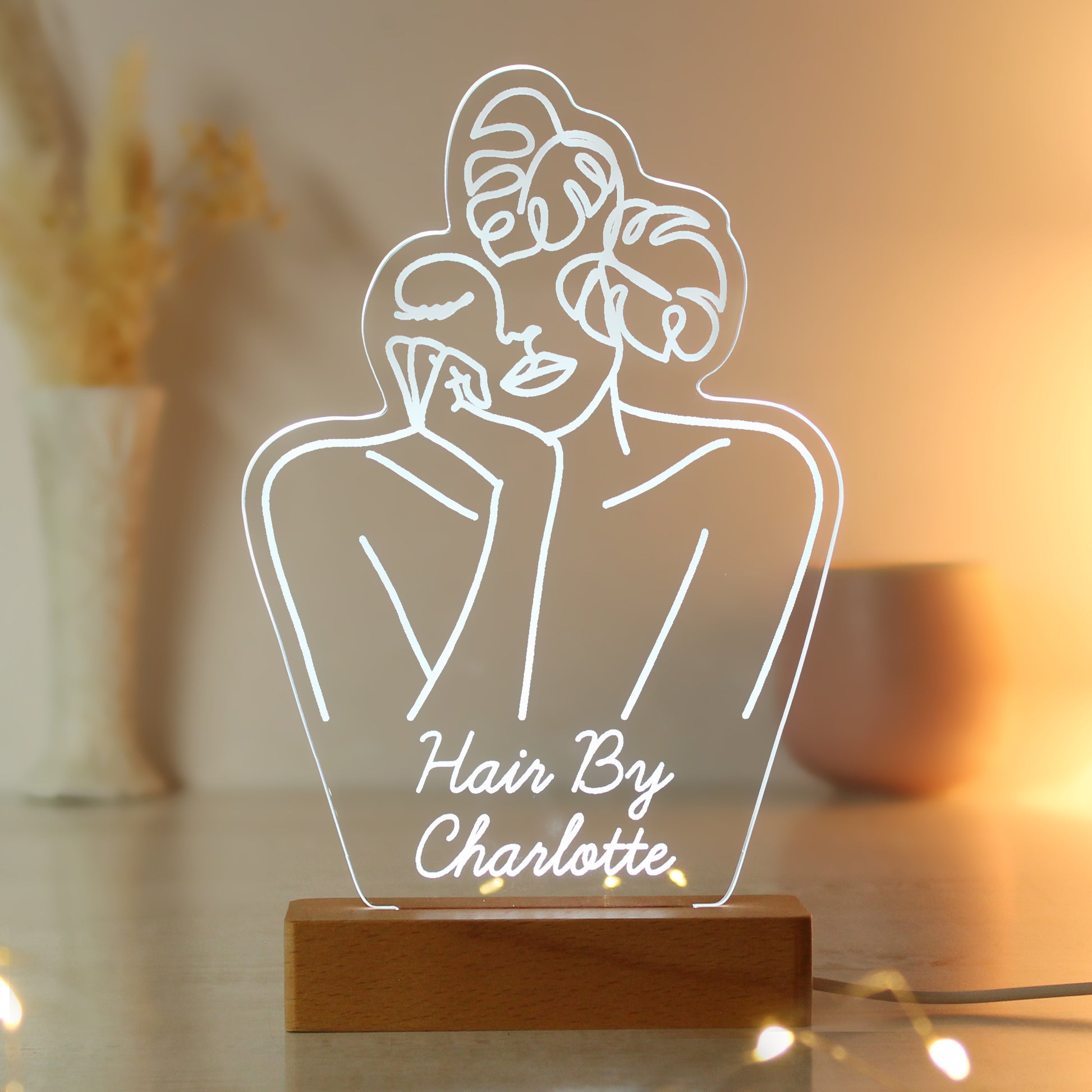 Personalised Fleur Line Art Wooden Based LED Light - MK&JD Gifts