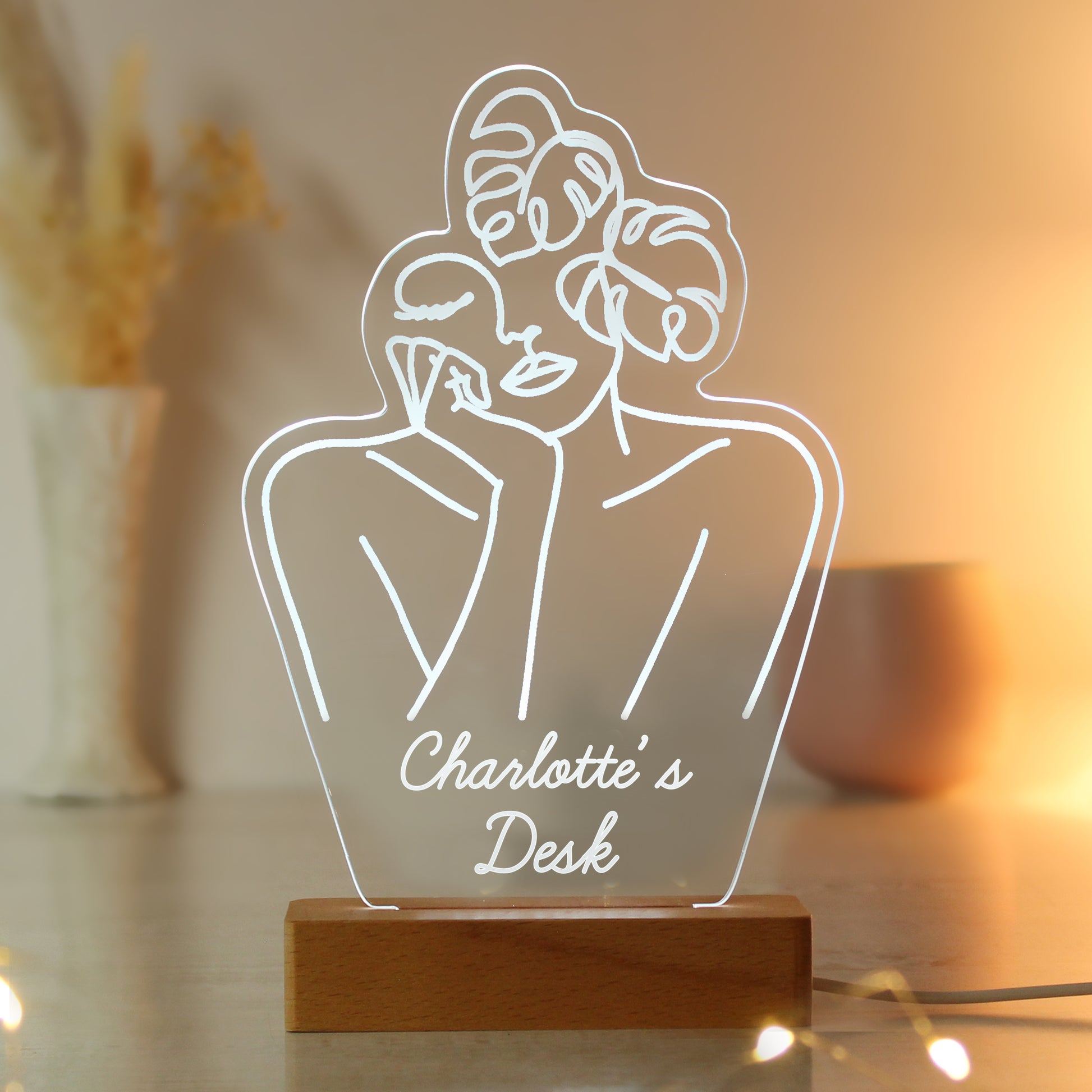 Personalised Fleur Line Art Wooden Based LED Light - MK&JD Gifts