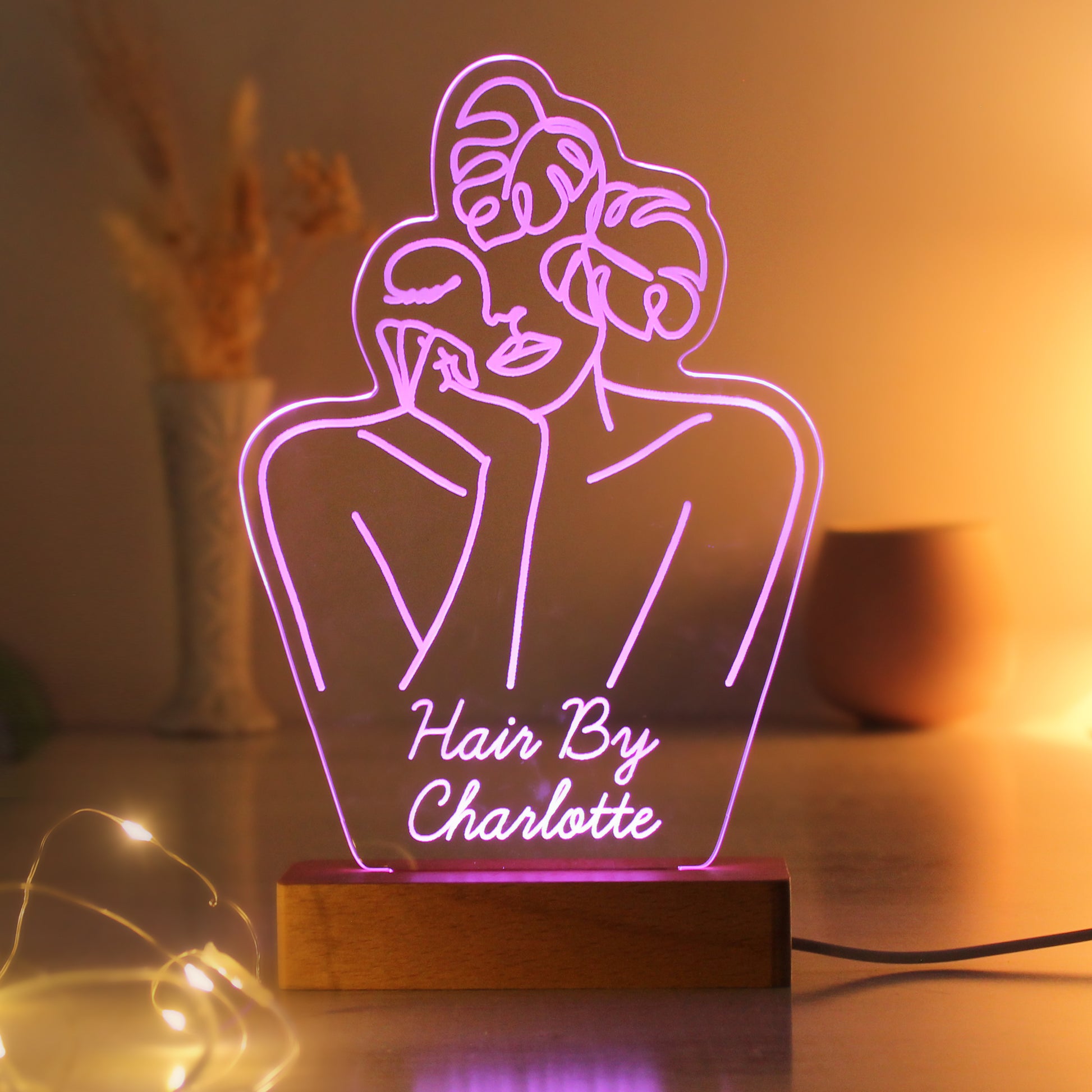 Personalised Fleur Line Art Wooden Based LED Light - MK&JD Gifts