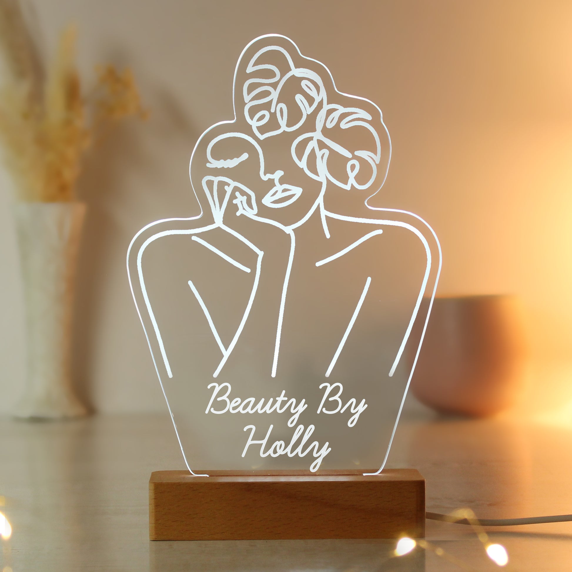 Personalised Fleur Line Art Wooden Based LED Light - MK&JD Gifts