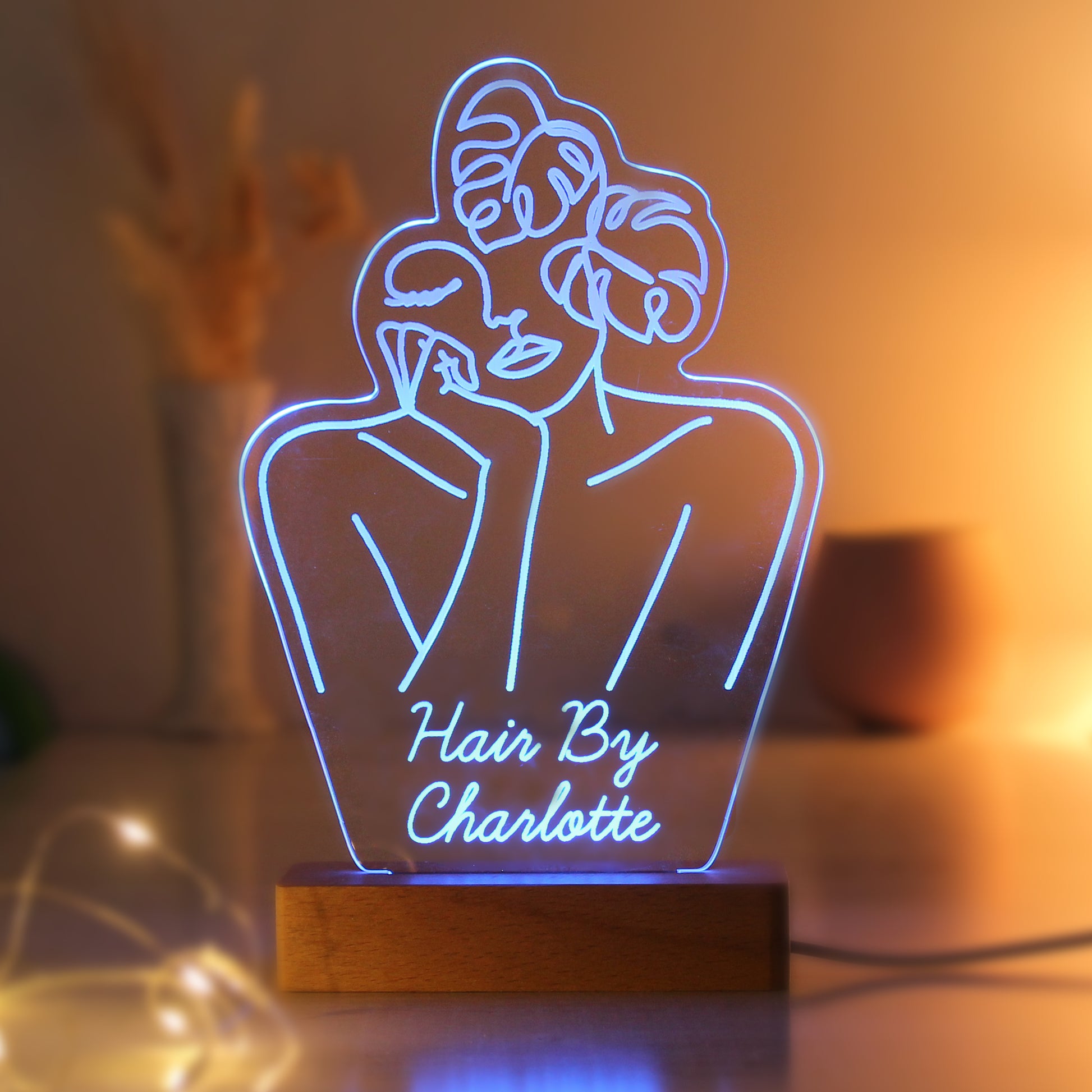 Personalised Fleur Line Art Wooden Based LED Light - MK&JD Gifts