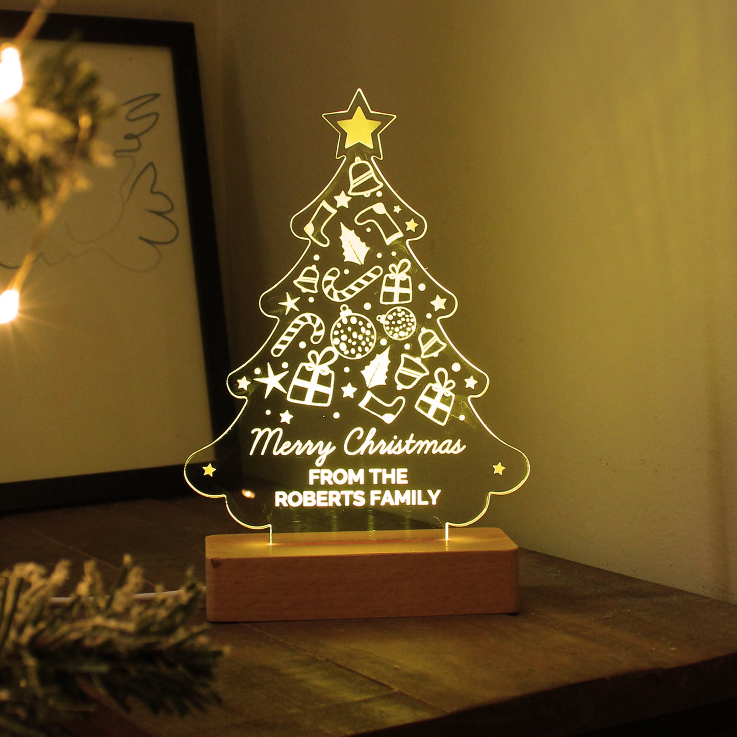 Personalised Christmas Tree Wooden Based LED Light - MK&JD Gifts