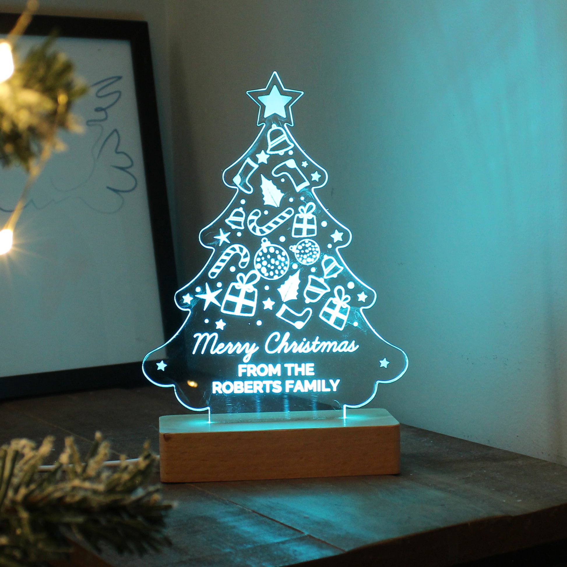 Personalised Christmas Tree Wooden Based LED Light - MK&JD Gifts