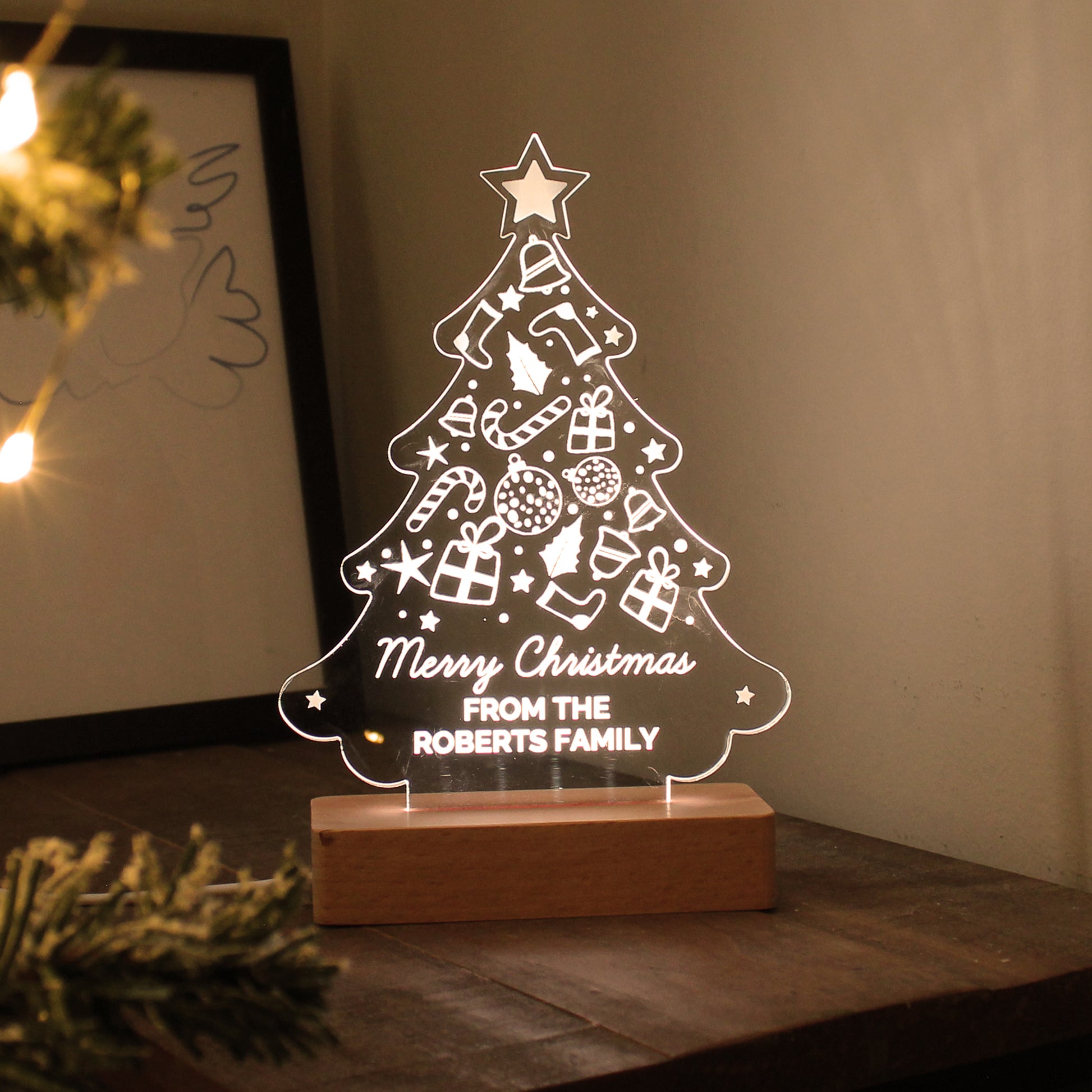 Personalised Christmas Tree Wooden Based LED Light - MK&JD Gifts