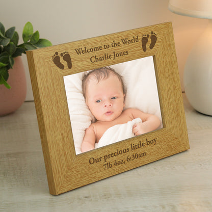 Personalised Oak Finish 6x4 Landscape Baby Footprints Photo Frame - MK&JD Gifts