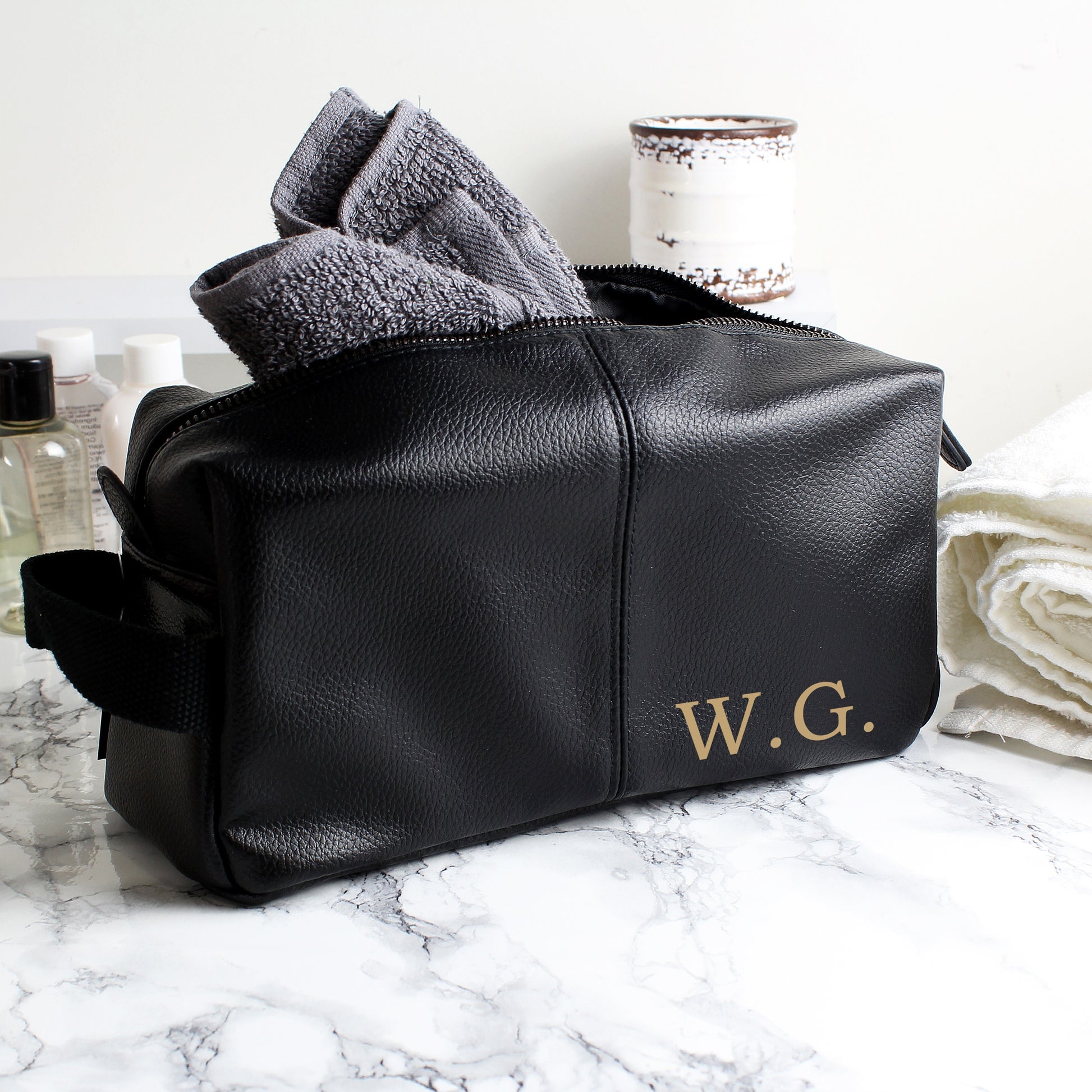 Personalised Luxury Initials Black leatherette Wash Bag - MK&JD Gifts