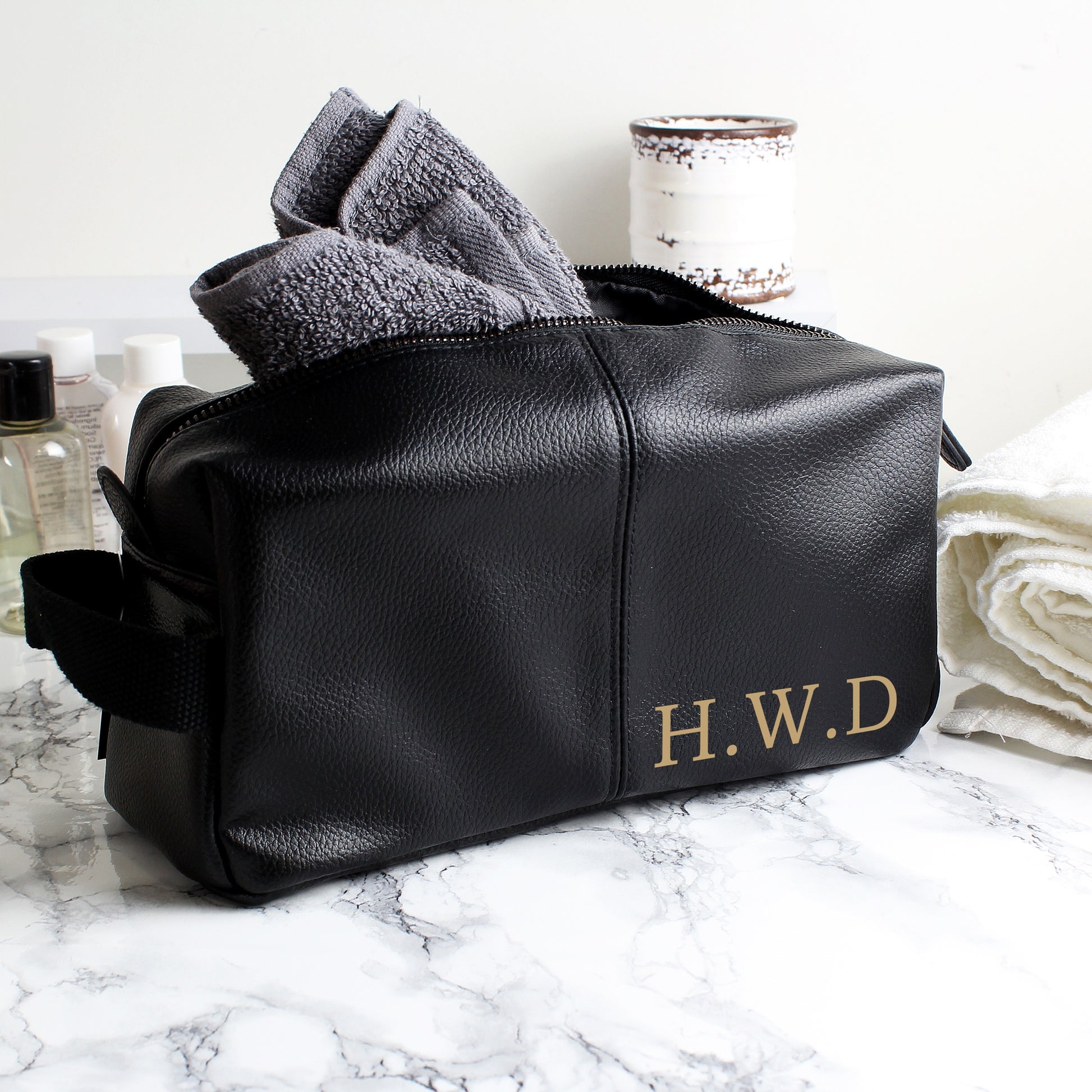 Personalised Luxury Initials Black leatherette Wash Bag - MK&JD Gifts