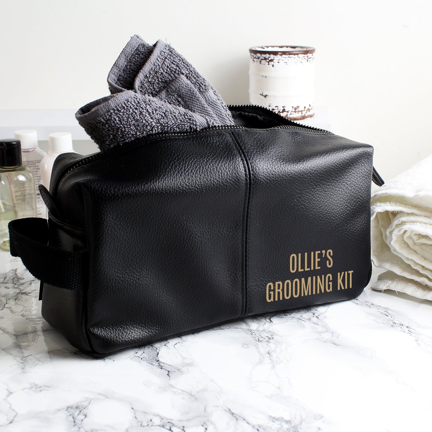 Personalised Luxury Black leatherette Wash Bag - MK&JD Gifts
