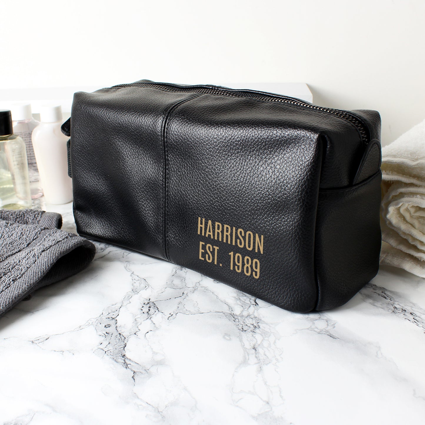 Personalised Luxury Black leatherette Wash Bag - MK&JD Gifts