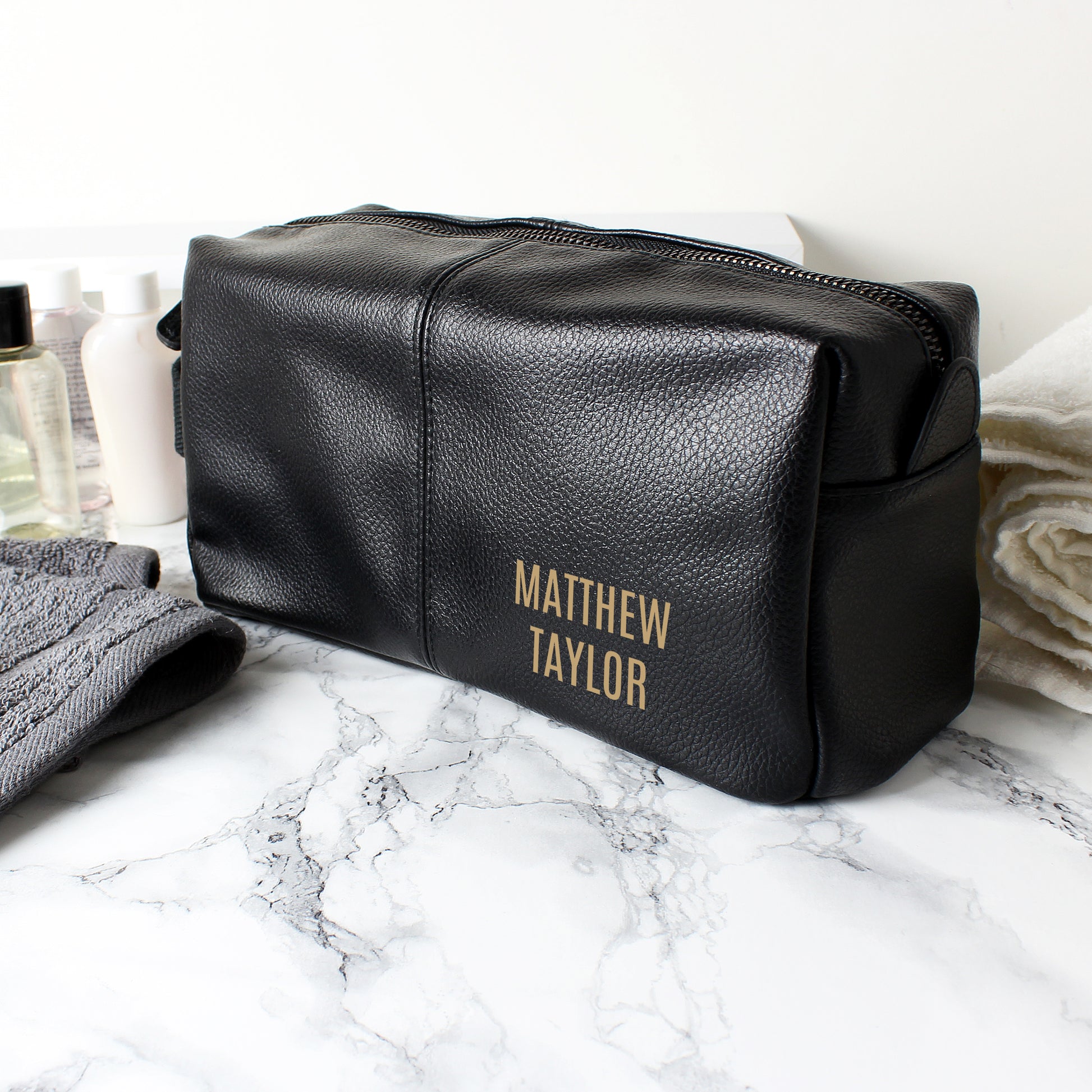 Personalised Luxury Black leatherette Wash Bag - MK&JD Gifts