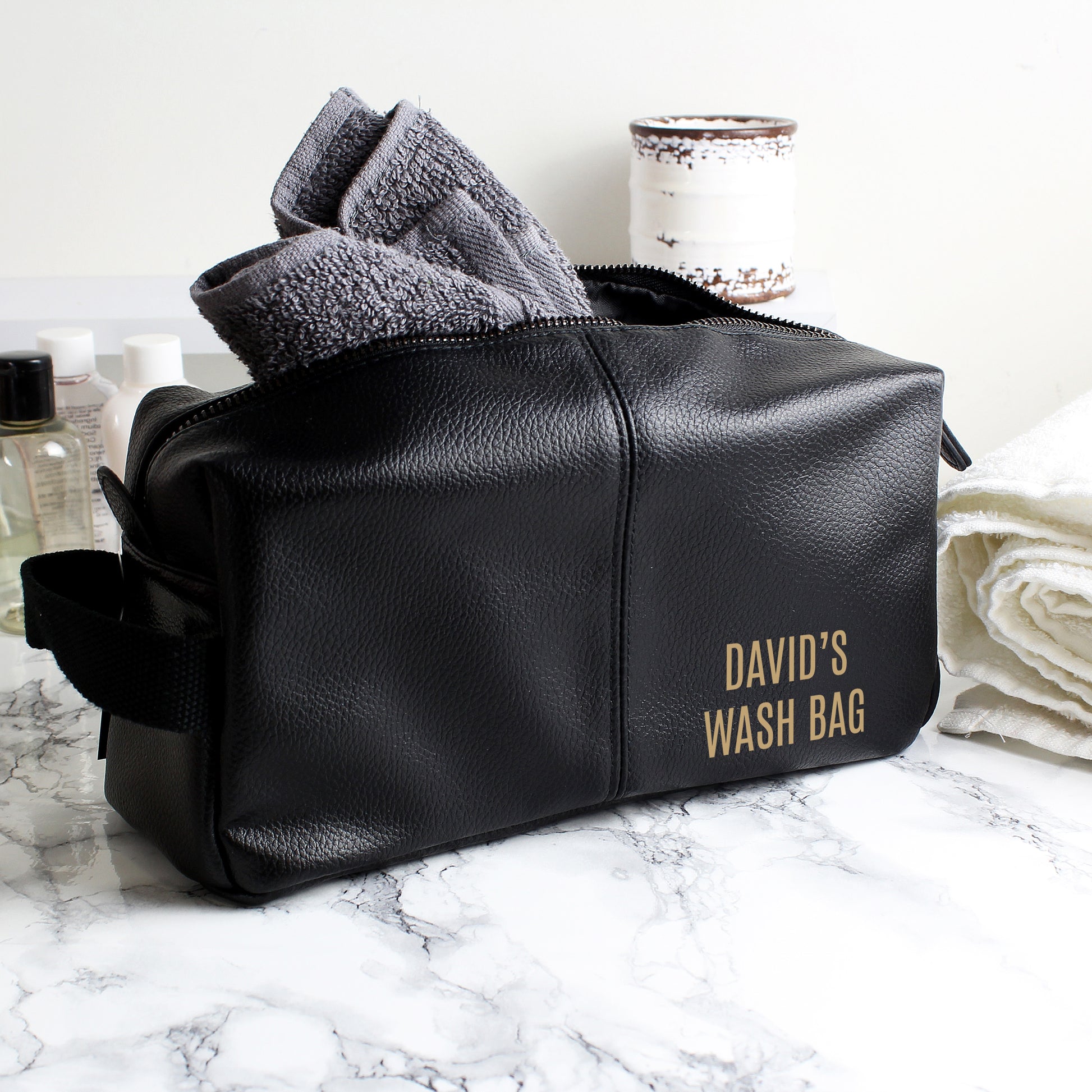 Personalised Luxury Black leatherette Wash Bag - MK&JD Gifts