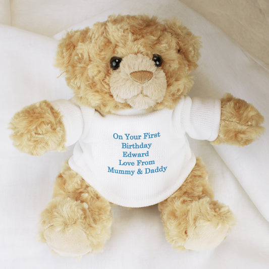 Personalised Message Teddy Bear - Blue - MK&JD Gifts