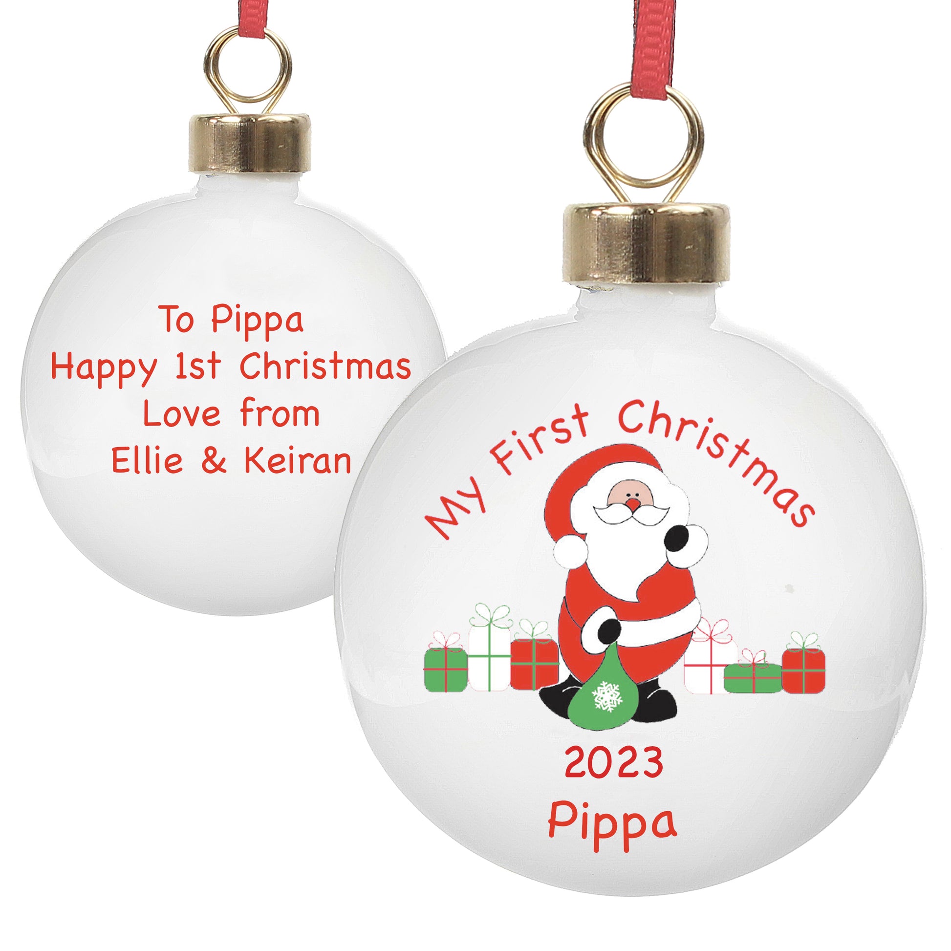 Personalised Santa with Presents Bauble - MK&JD Gifts