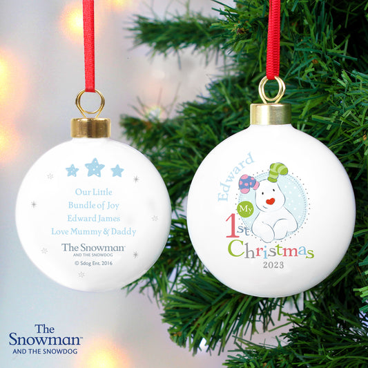 Personalised The Snowman and the Snowdog My 1st Christmas Blue Bauble - MK&JD Gifts