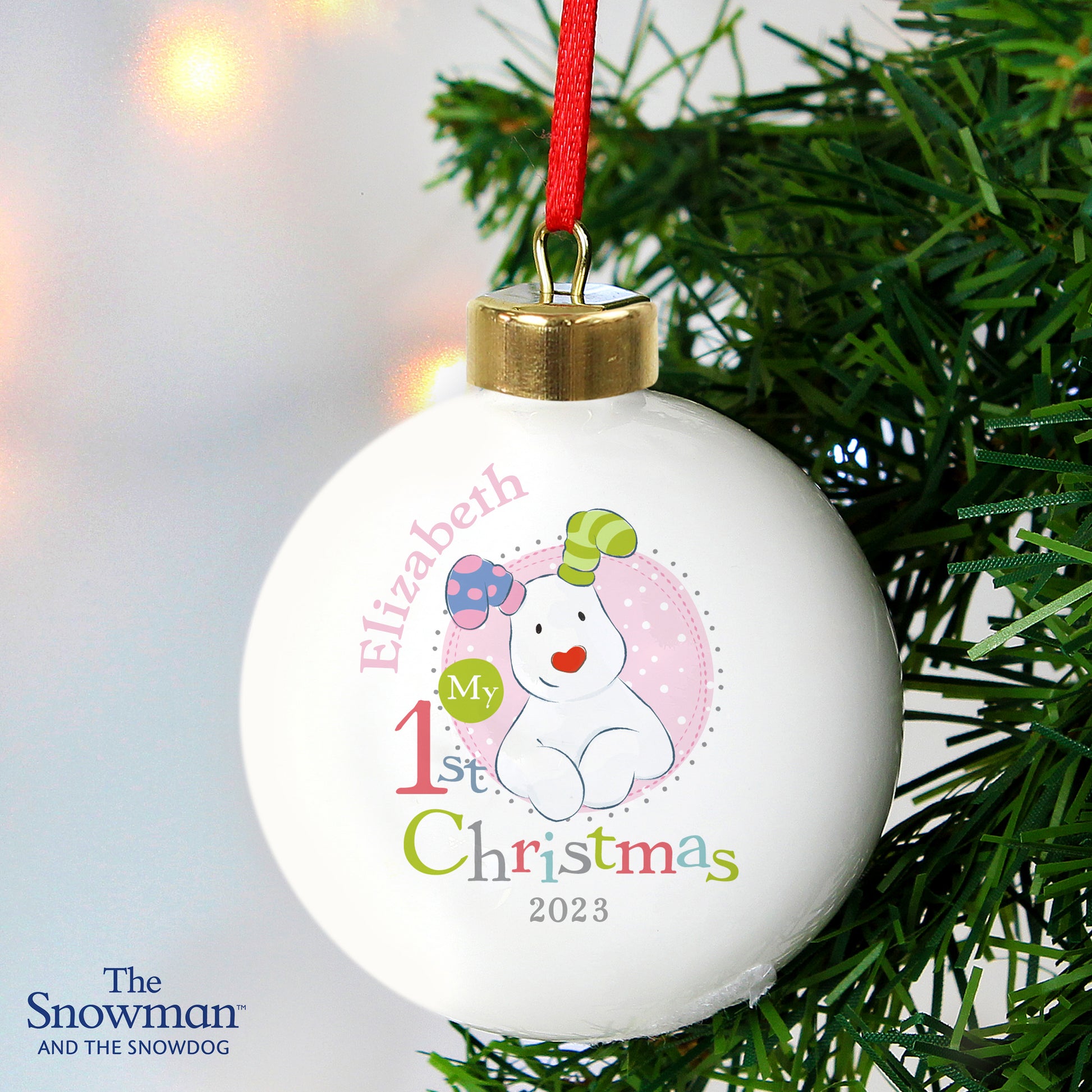 Personalised The Snowman and the Snowdog My 1st Christmas Pink Bauble - MK&JD Gifts