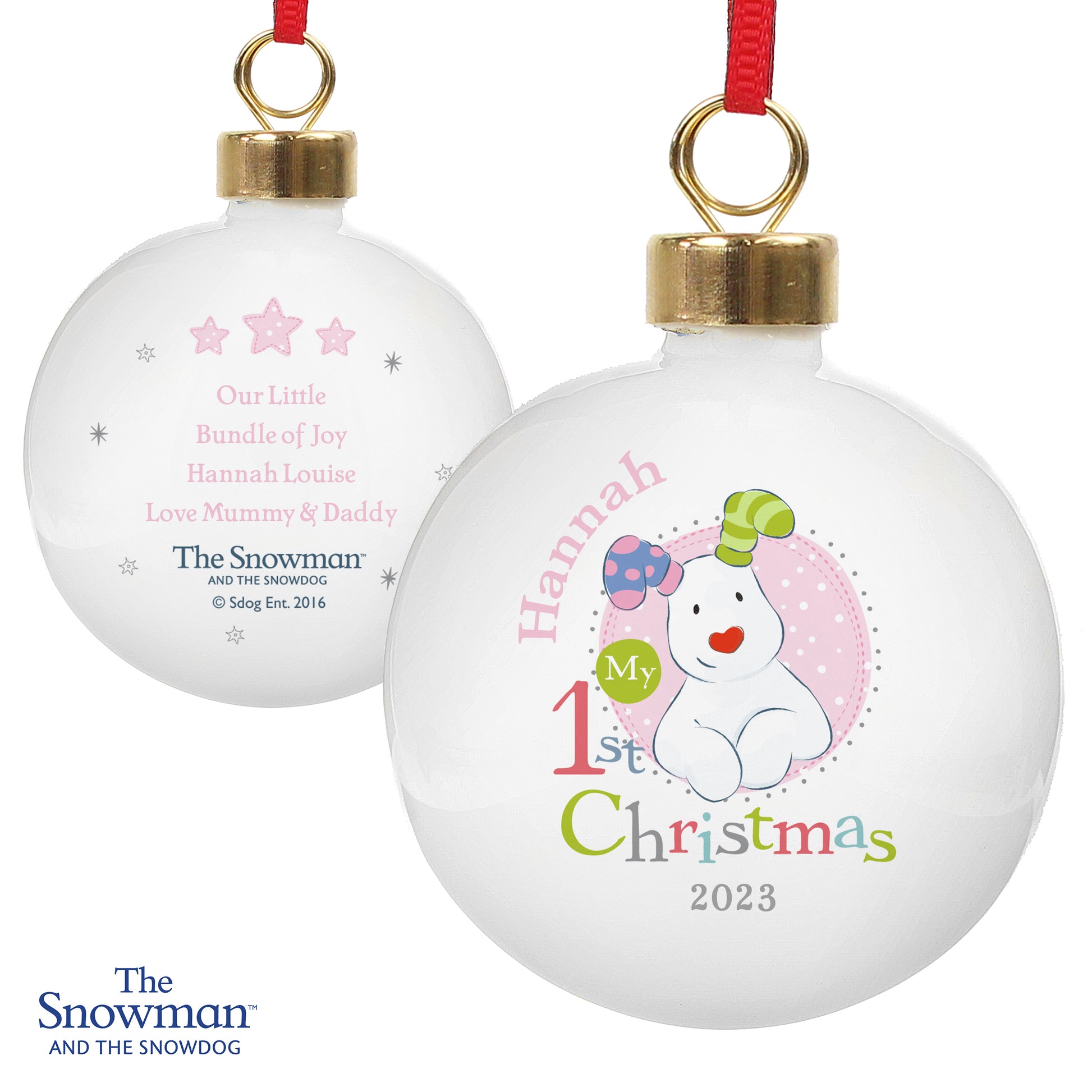 Personalised The Snowman and the Snowdog My 1st Christmas Pink Bauble - MK&JD Gifts