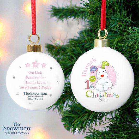 Personalised The Snowman and the Snowdog My 1st Christmas Pink Bauble - MK&JD Gifts