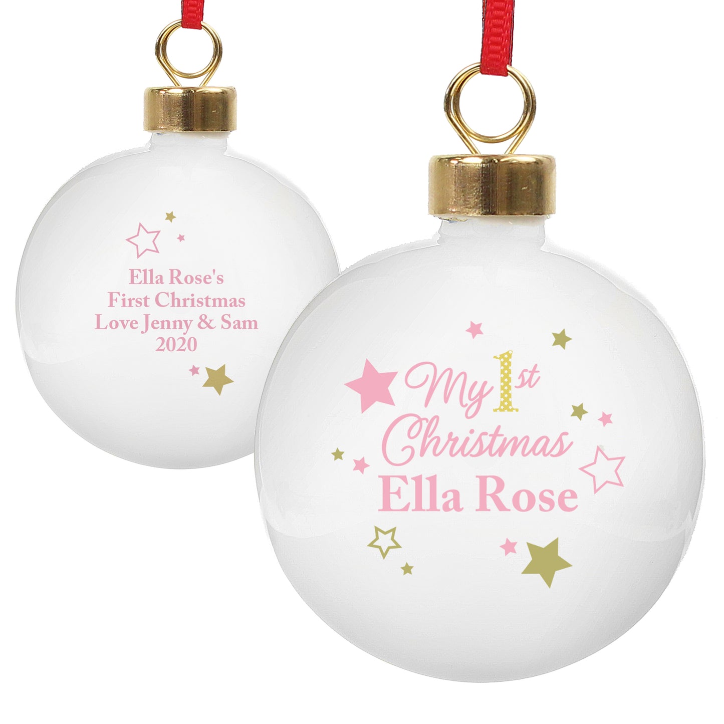 Personalised Gold & Pink Stars My 1st Christmas Bauble - MK&JD Gifts
