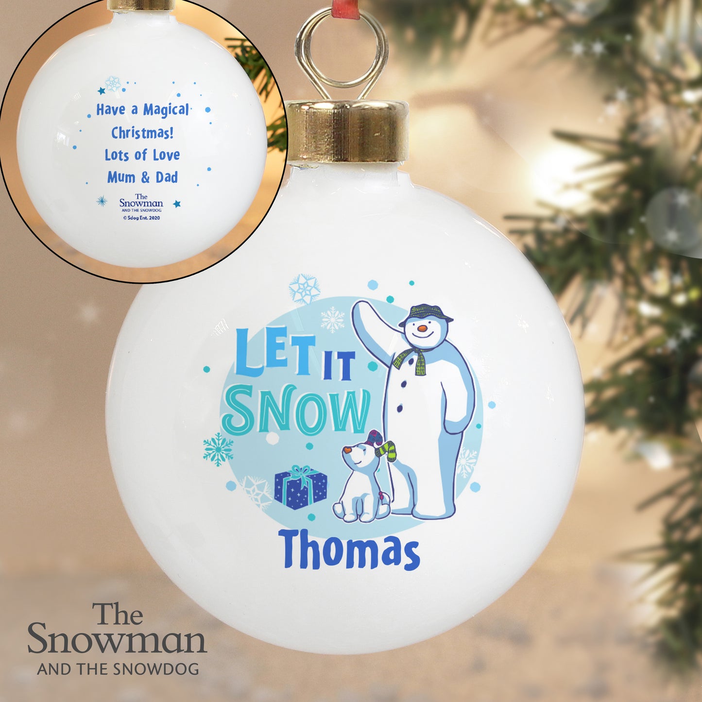 Personalised The Snowman and the Snowdog Blue Bauble - MK&JD Gifts