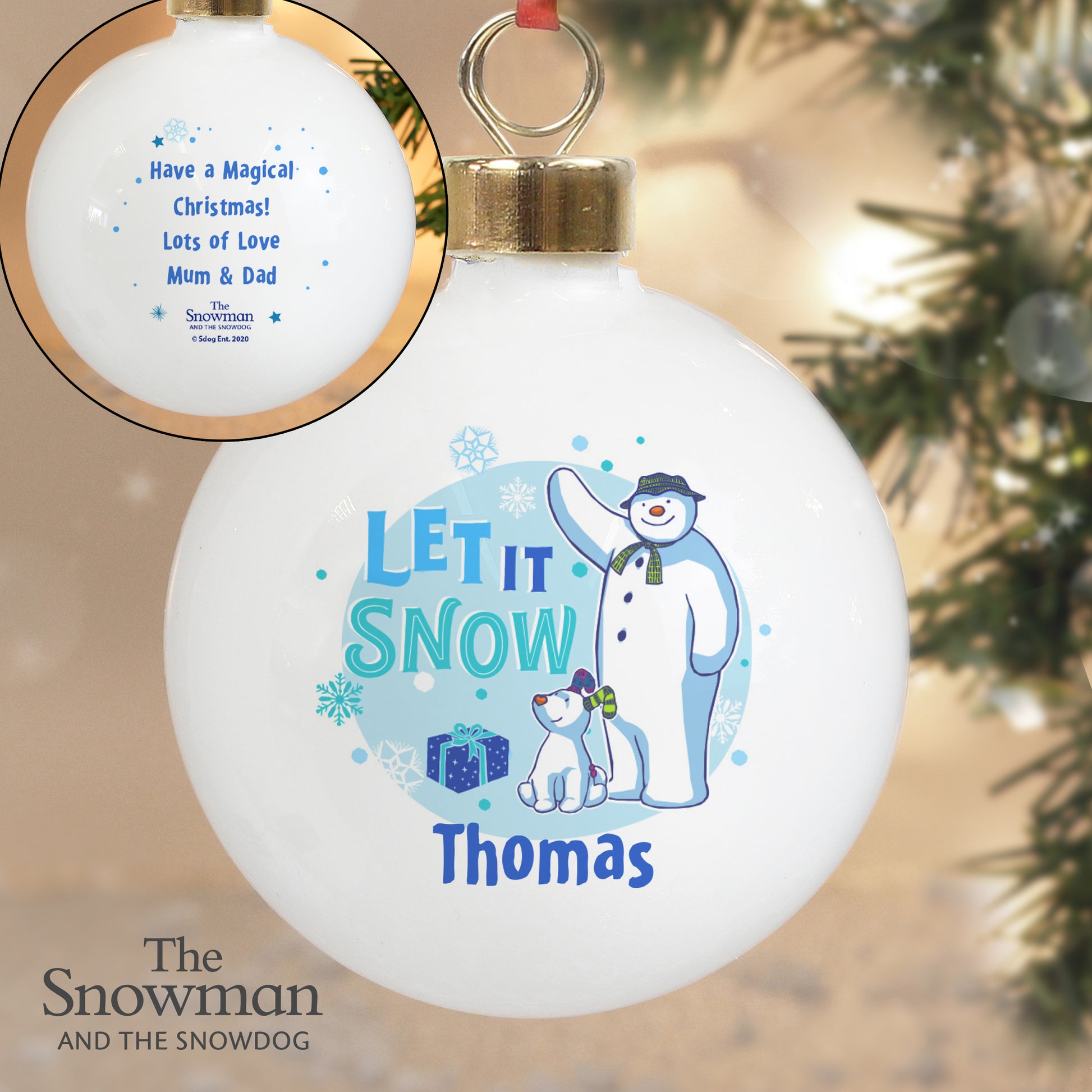 Personalised The Snowman and the Snowdog Blue Bauble - MK&JD Gifts