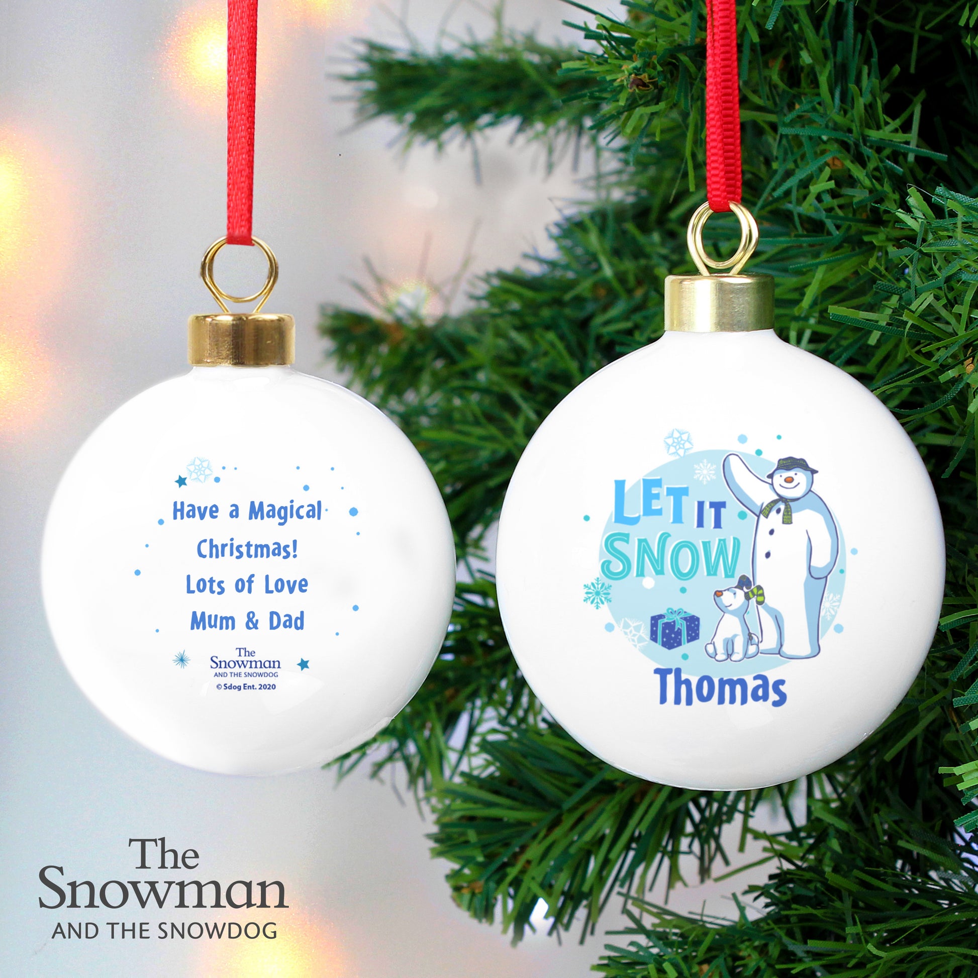 Personalised The Snowman and the Snowdog Blue Bauble - MK&JD Gifts