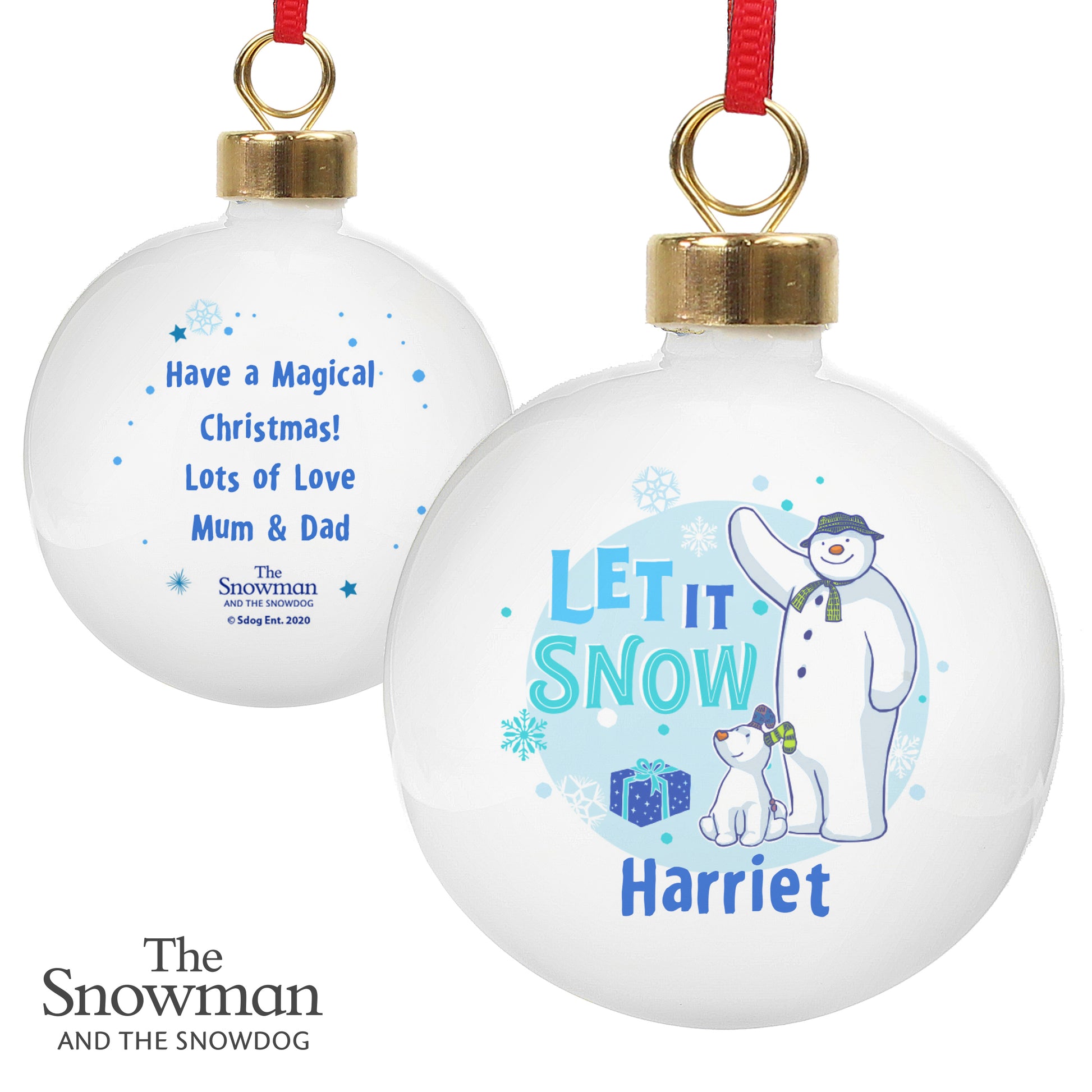 Personalised The Snowman and the Snowdog Blue Bauble - MK&JD Gifts