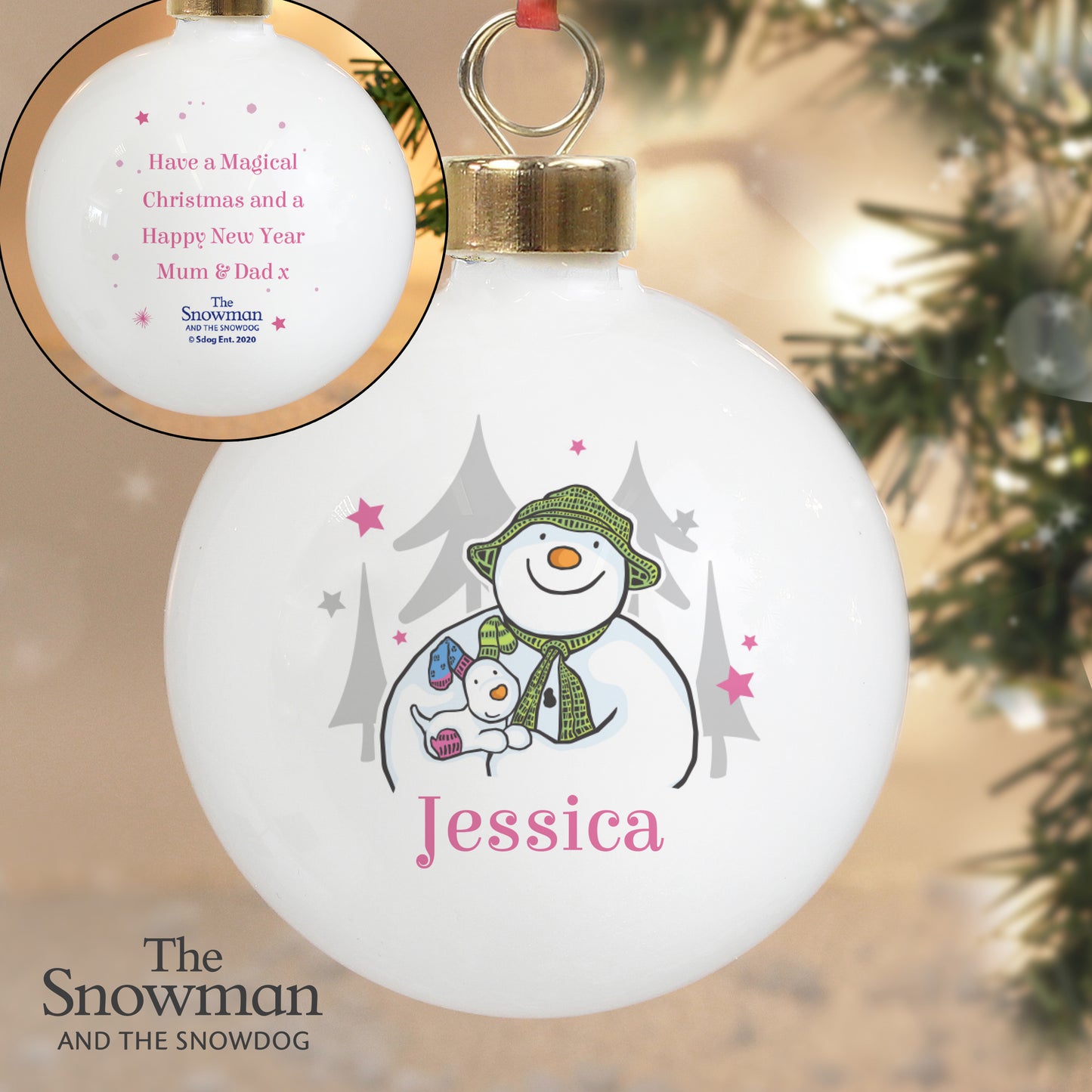 Personalised The Snowman and the Snowdog Pink Bauble - MK&JD Gifts