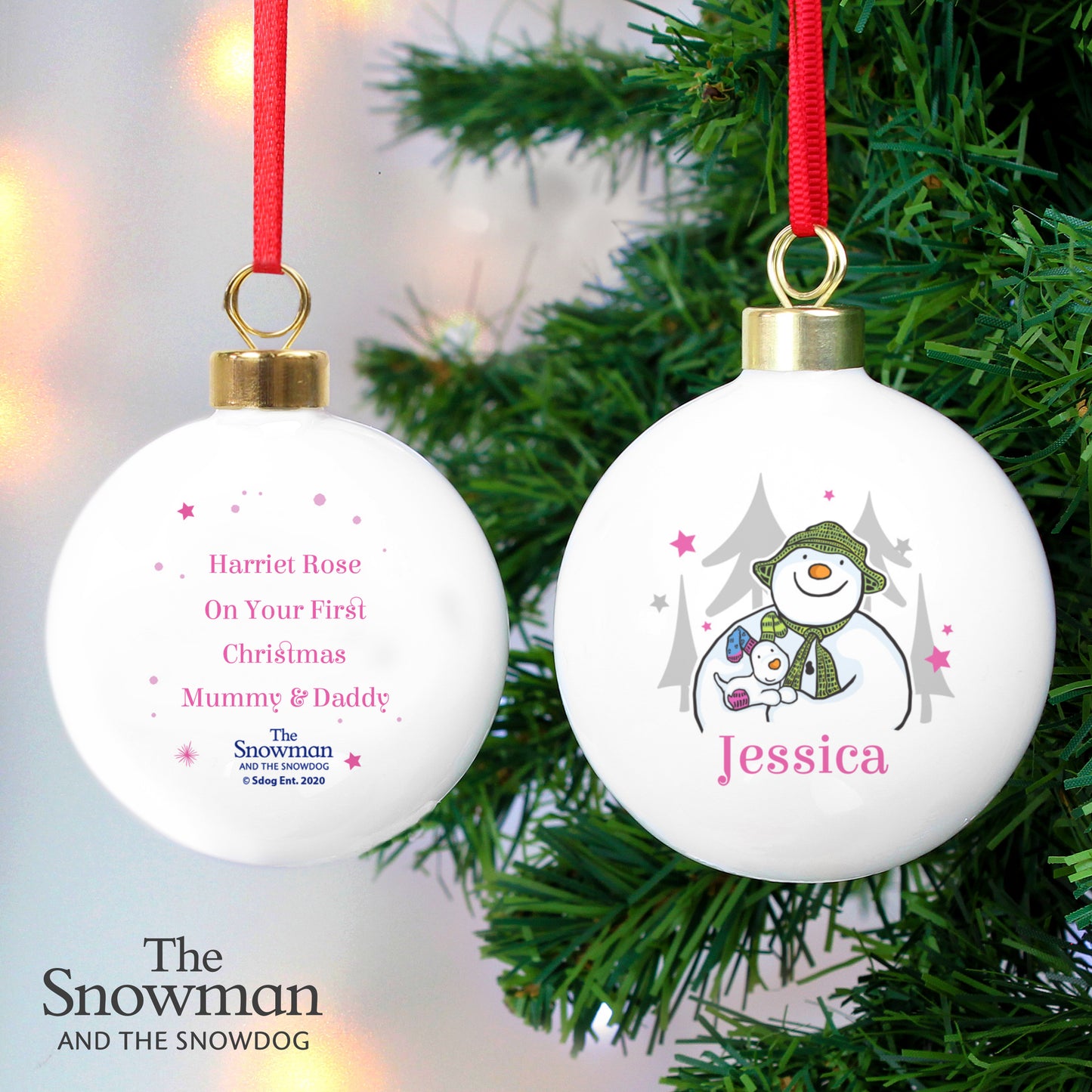 Personalised The Snowman and the Snowdog Pink Bauble - MK&JD Gifts