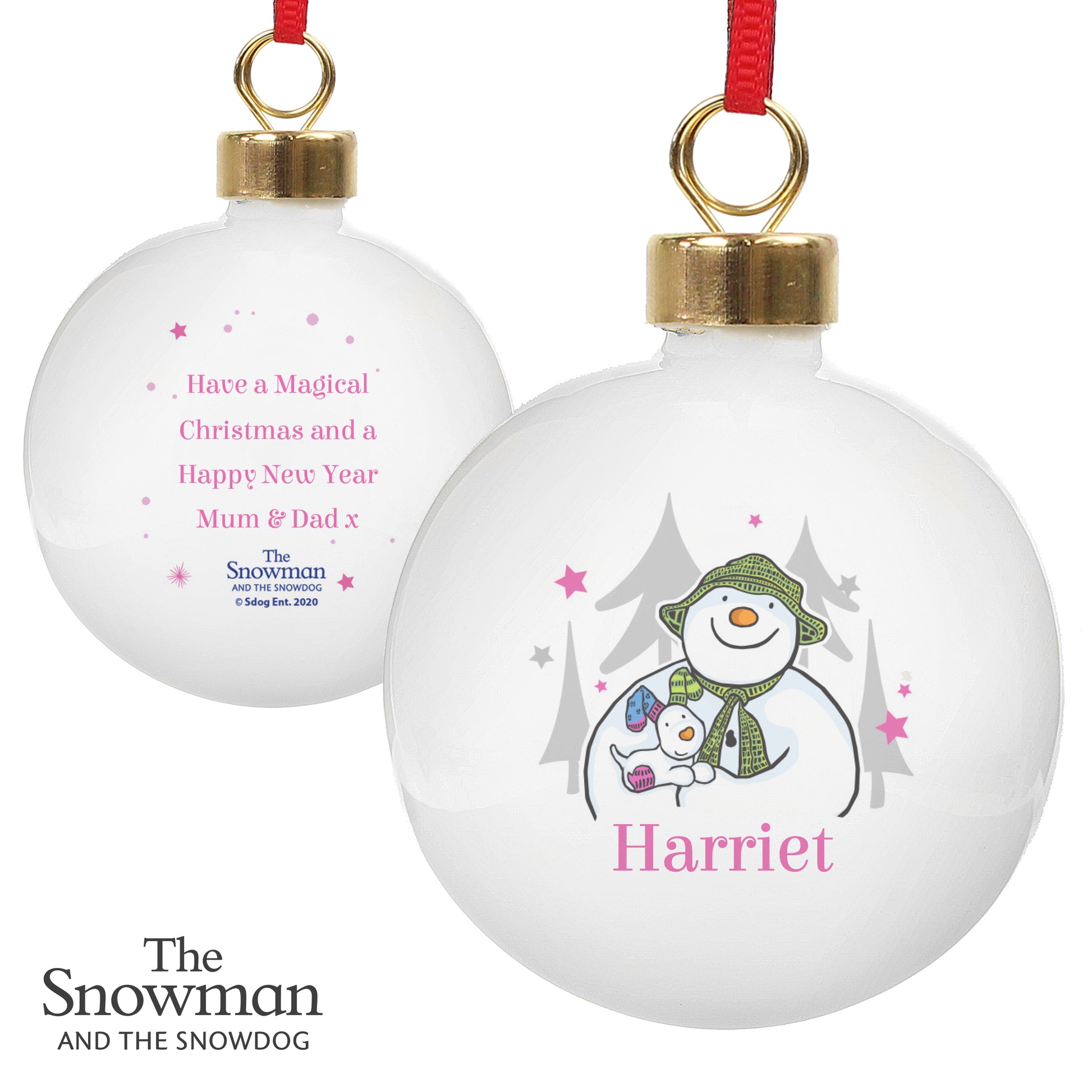 Personalised The Snowman and the Snowdog Pink Bauble - MK&JD Gifts
