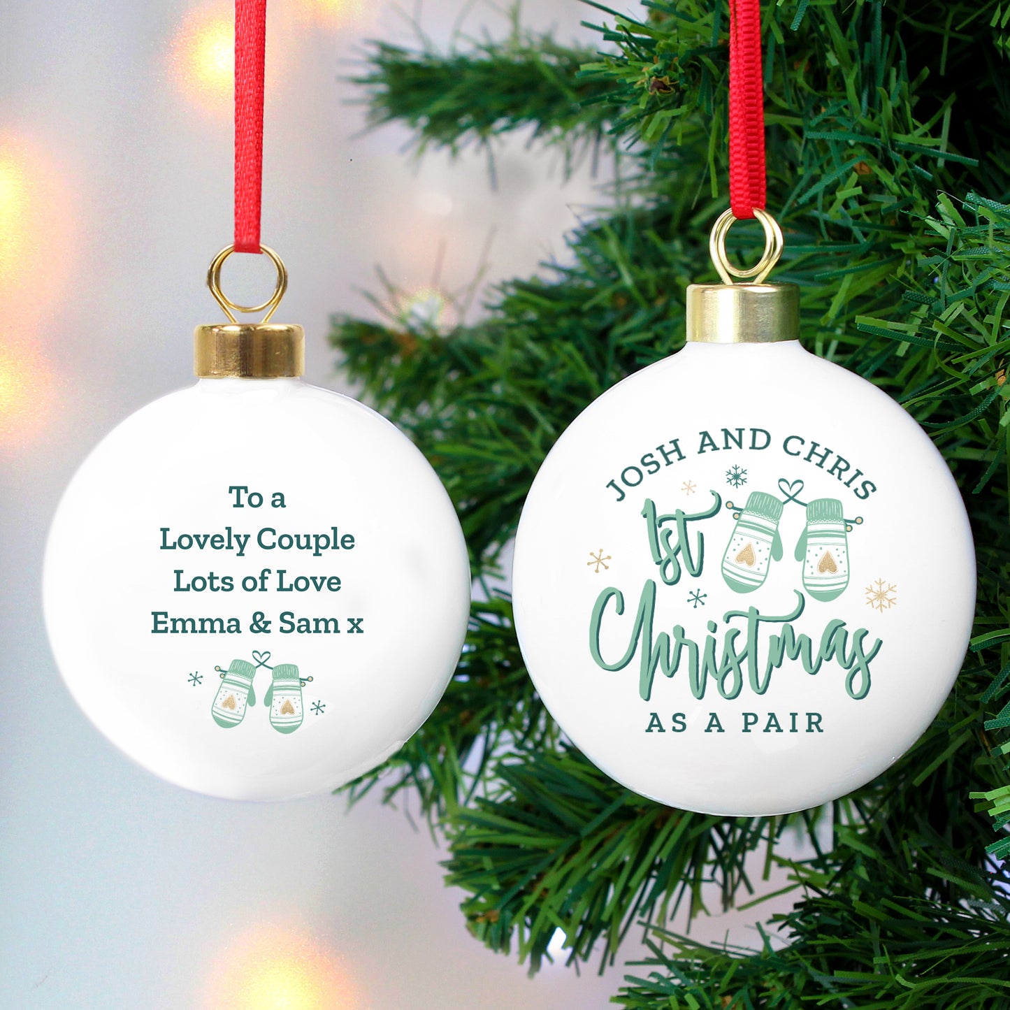 Personalised Couples Christmas Mittens Bauble - MK&JD Gifts