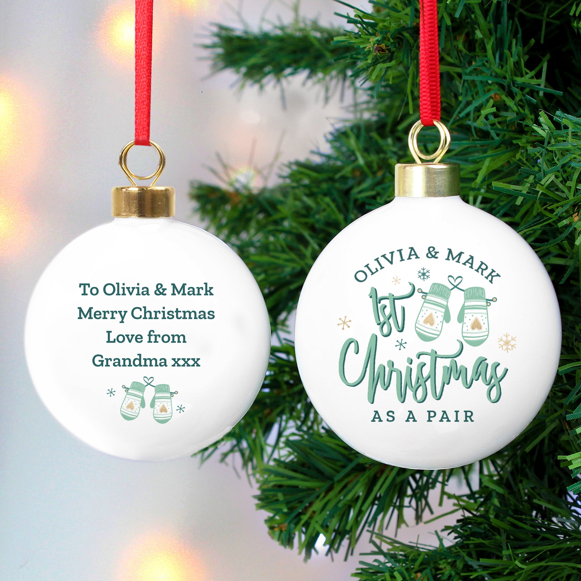 Personalised Couples Christmas Mittens Bauble - MK&JD Gifts