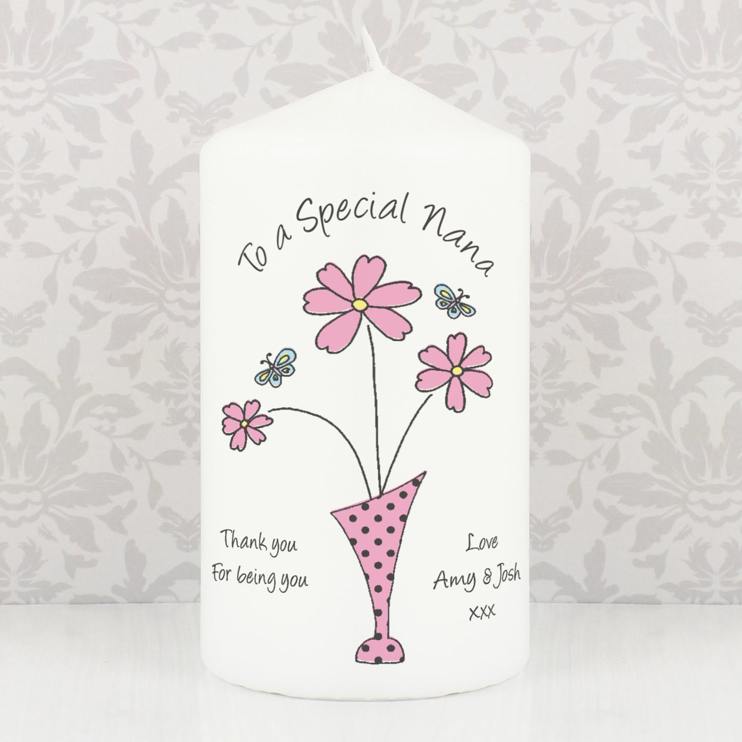 Personalised Flower in Vase Message Pillar Candle - MK&JD Gifts